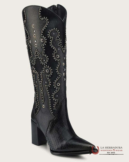 CUADRA BOTAS DE PITÓN EN BELLY PLUNGE NEGRO CON BORDADO Y ESTOPEROL, PUNTA AFILADA CU869