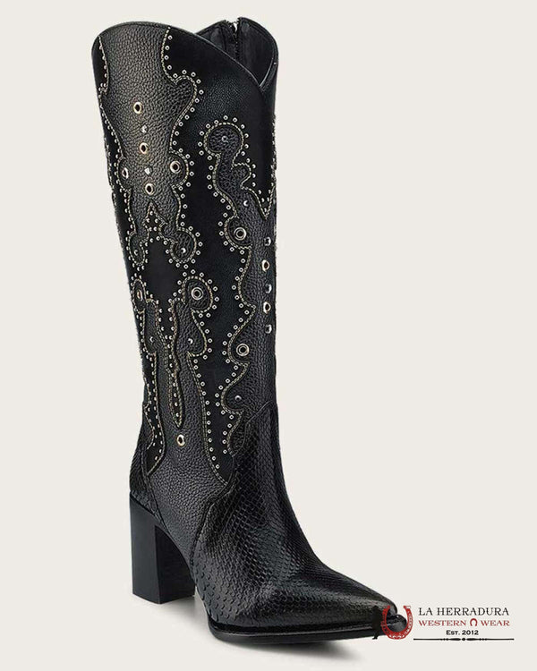 CUADRA BOTAS DE PITÓN EN BELLY PLUNGE NEGRO CON BORDADO Y ESTOPEROL, PUNTA AFILADA CU869
