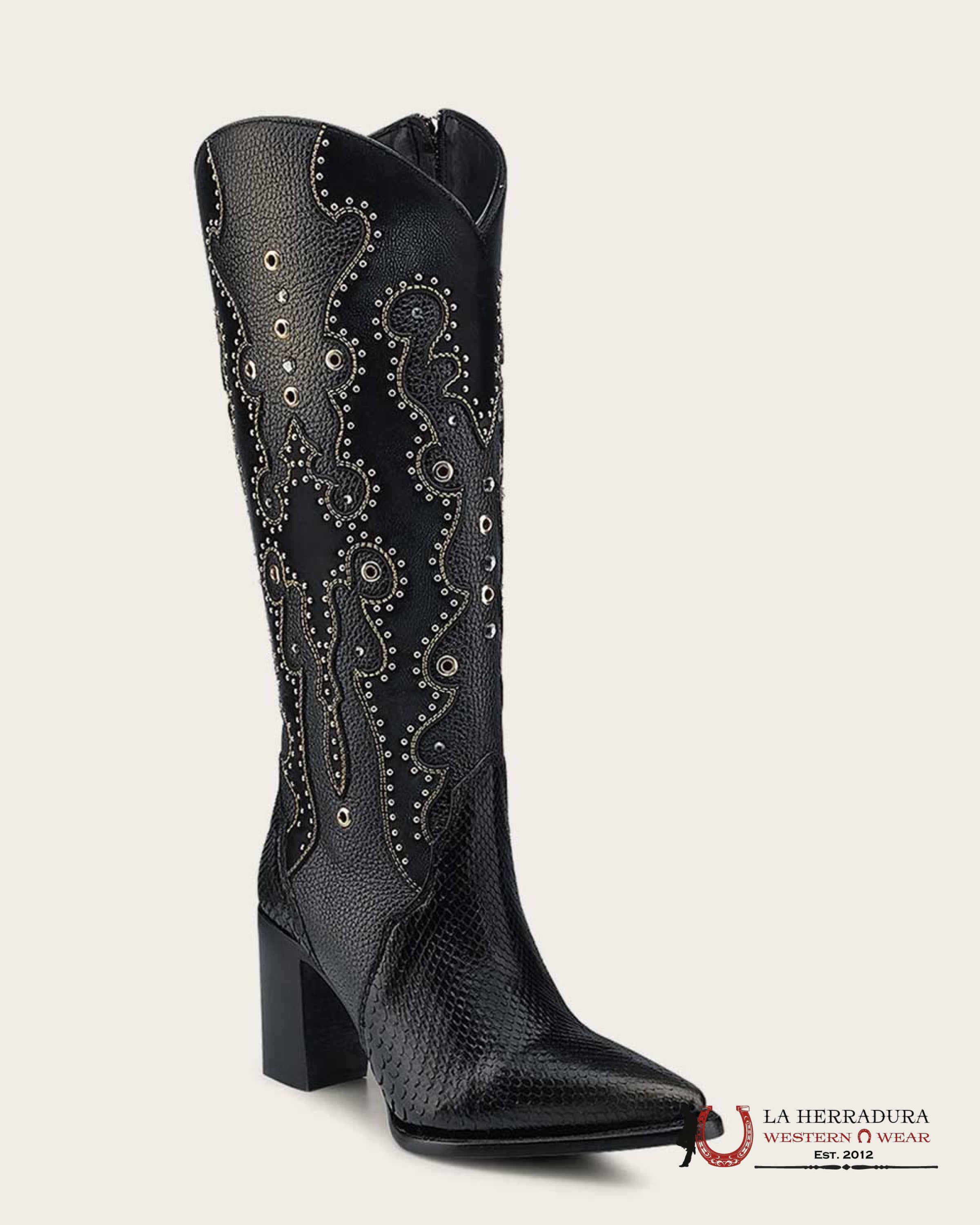 CUADRA BOTA DE PITÓN BELLY PLUNGE NEGRO EMB. & STUDS POINTED TOE BOTAS MUJERES