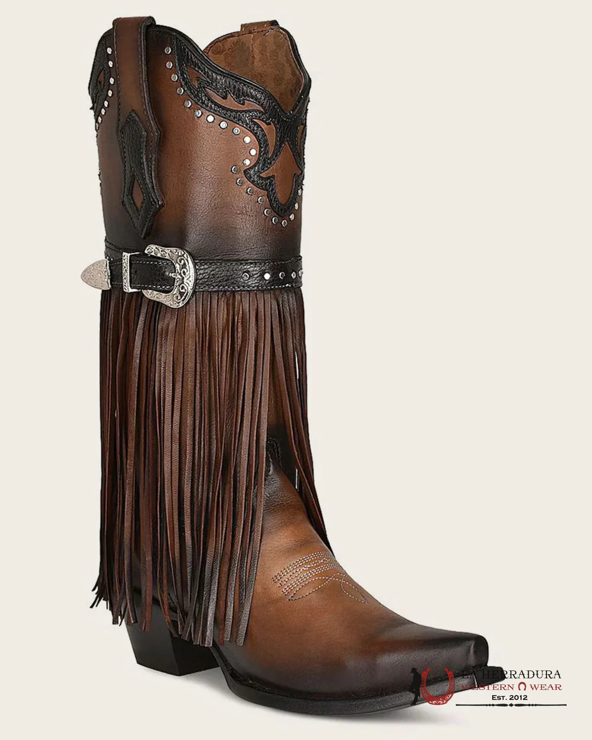 CUADRA BOTA DE RES MORAINE CAFE BROWN HARNESS & STUDS SNIP TOE BOTAS MUJERES