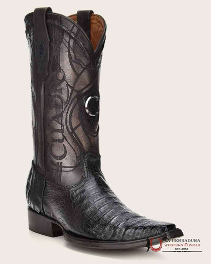 CUADRA CU354 BOTA FUSCUS VIENTRE DE CAIMÁN PIEL NEGRA LÁSER Y BORDADO PUNTA CUADRADA ESTRECHA CU354