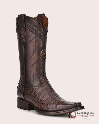 CUADRA CU551 BOTA FUSCUS VIENTRE DE CAIMÁN ARAUCO CHOCO LÁSER Y TEJIDO PUNTA CUADRADA ESTRECHA CU551