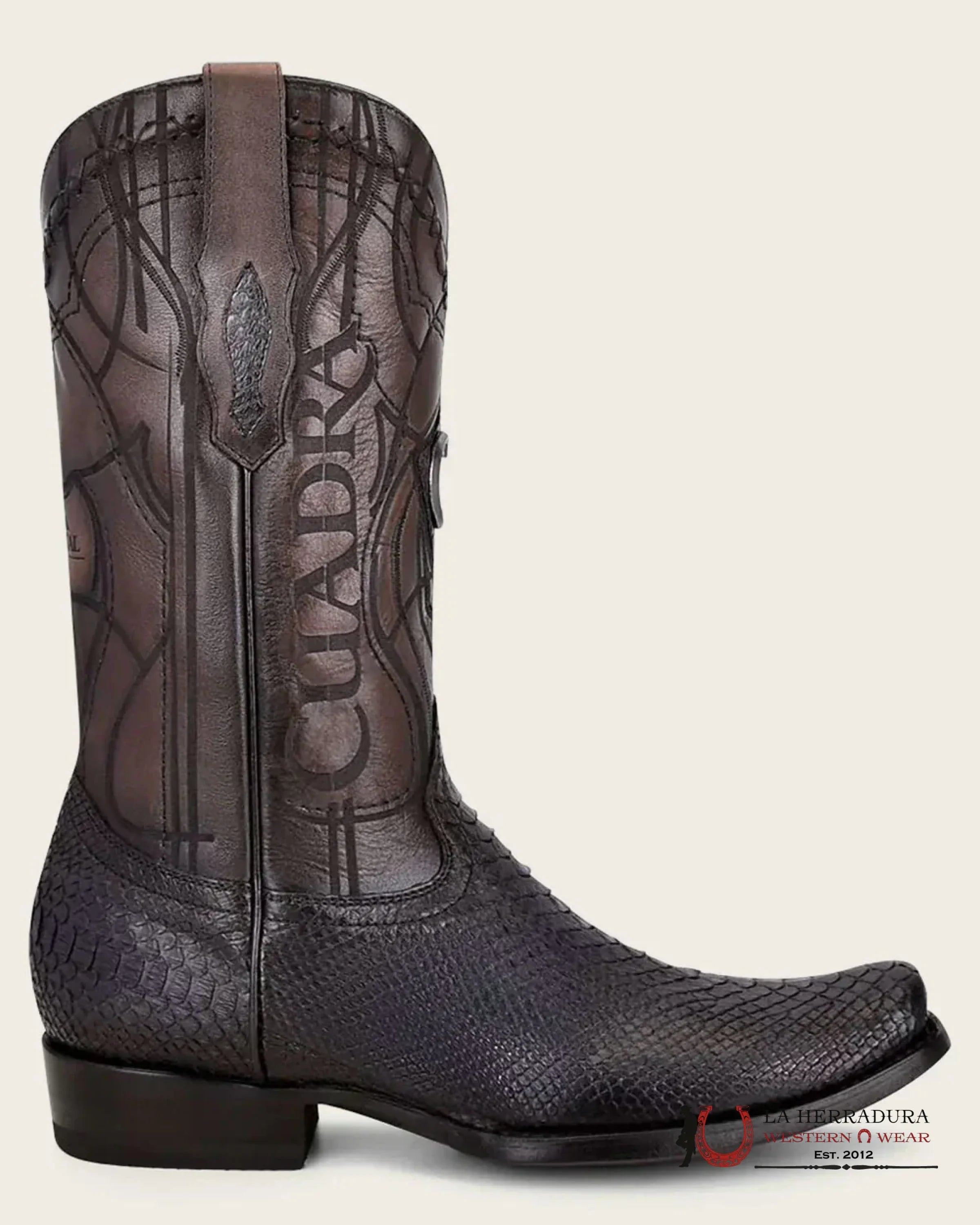 CUADRA BOOTS PYTHON PLUNGE BLACK LASER & EMBROIDERED NARROW SQUARE TOE BOTAS HOMBRES