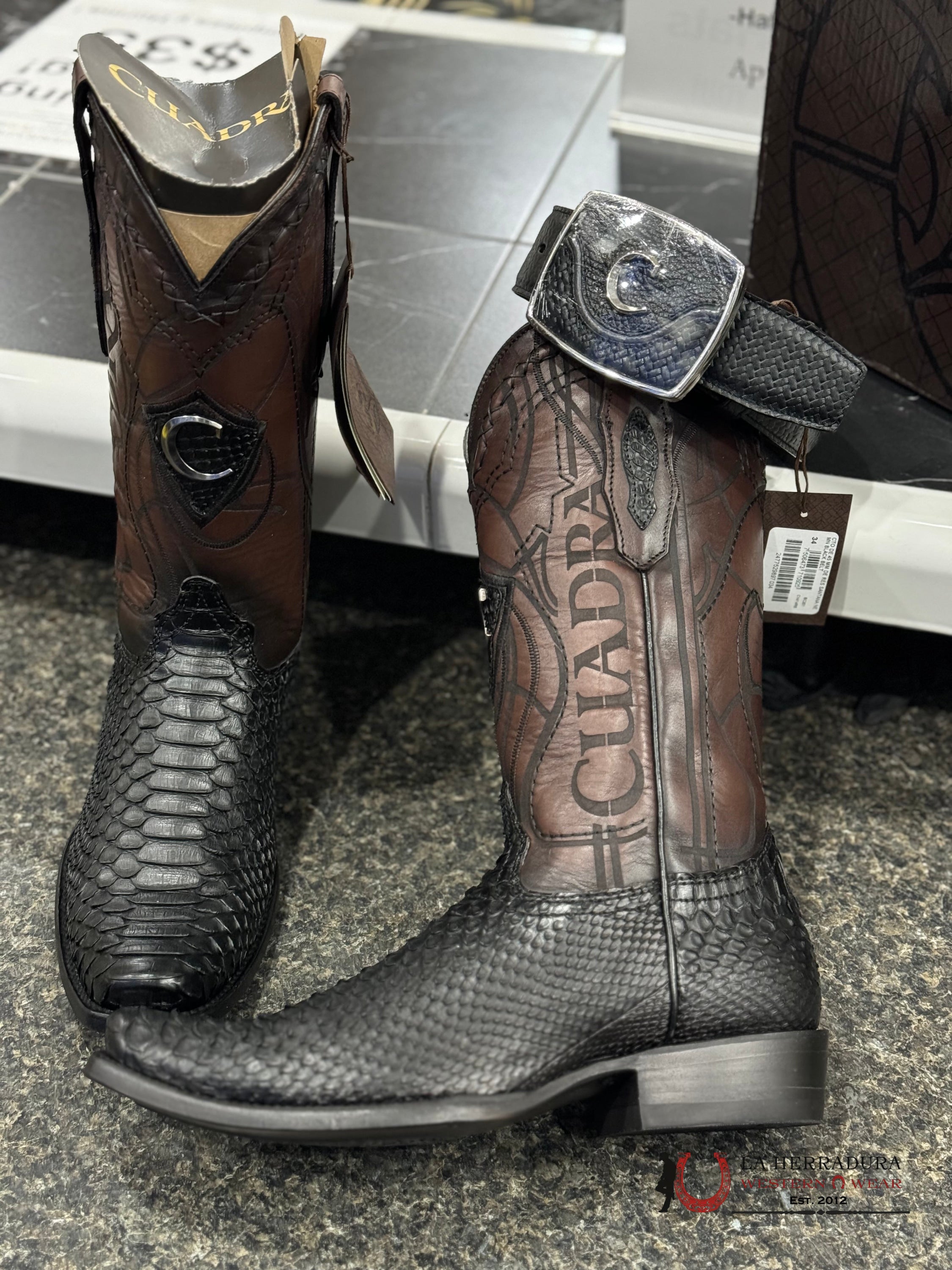 Cuadra Boots Python Plunge Black Laser & Embroidered Narrow Square Toe Botas Hombres