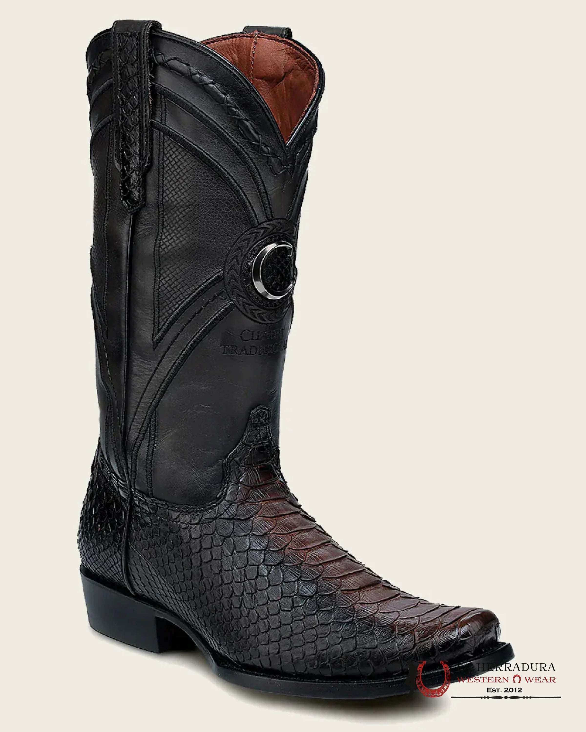 CUADRA BOOTS PYTHON BACK LIBOSA NEGRO/ CHOCOLATE EMBROIDERED & LASER& WOVEN NARROW SQUARE TOE-1J0APH BOTAS HOMBRES