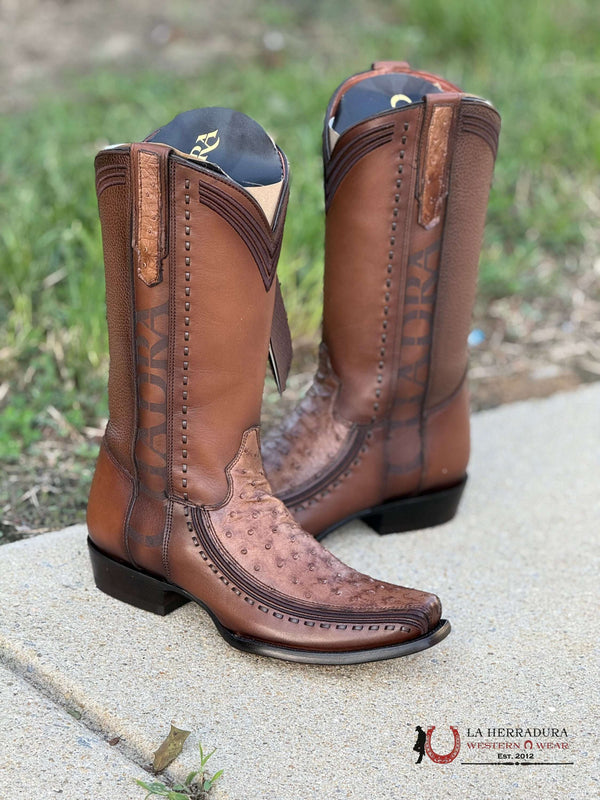 BOTA CUADRA CU852 DE AVESTRUZ LUGANO CAFÉ PUNTA CUADRADA ANGOSTA CU852