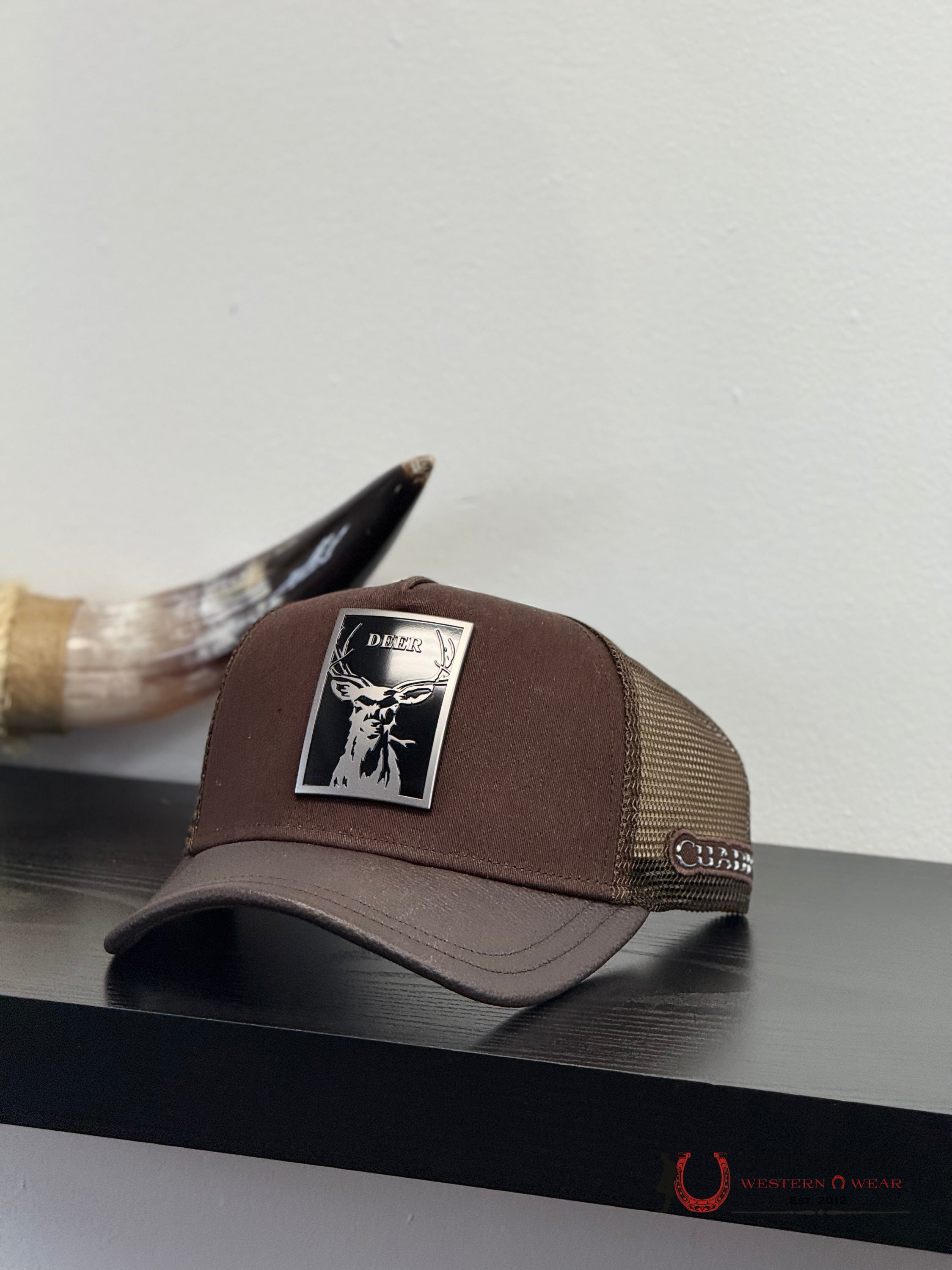 CUADRA DARK BROWN DEER METAL PATCH LEATHER CAP - CC115 CAPS MENS GORRAS HOMBRES