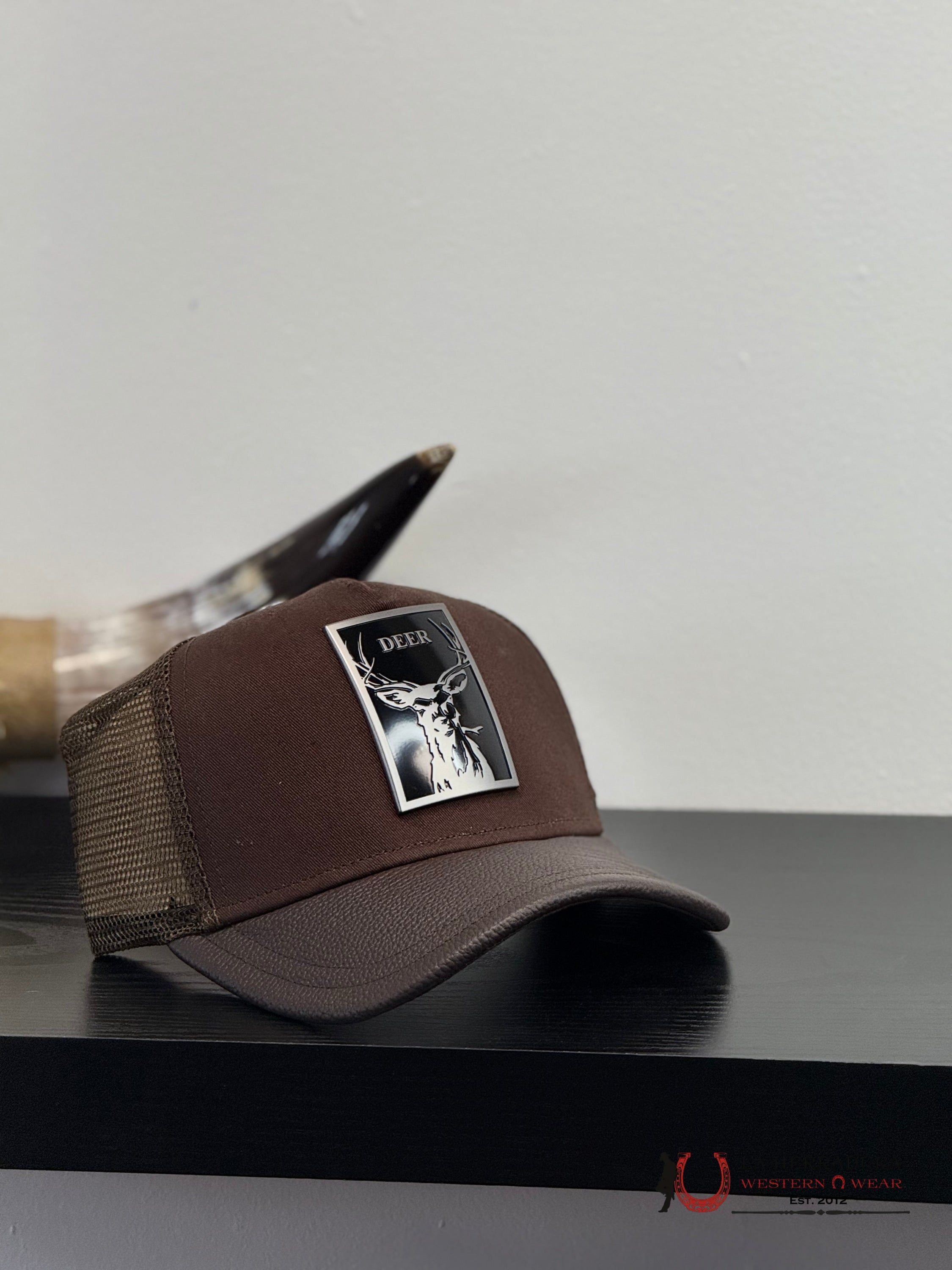 CUADRA DARK BROWN DEER METAL PATCH LEATHER CAP - CC115 CAPS MENS GORRAS HOMBRES