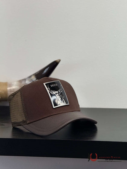 CUADRA DARK BROWN DEER METAL PATCH LEATHER CAP - CC115