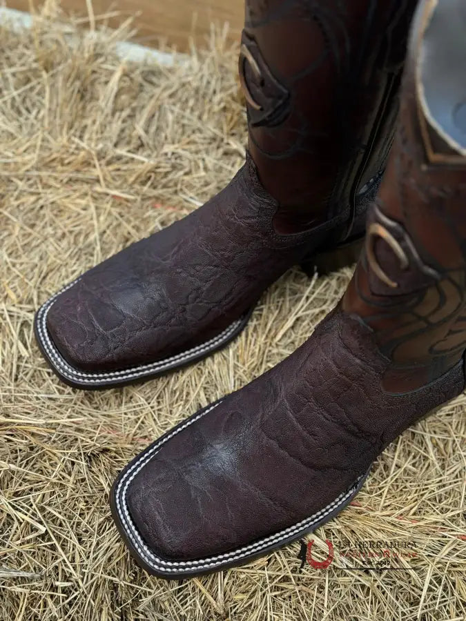 Cuadra Elefante Café Brown Láser & Embroidery Square Toe Boot Botas Hombres