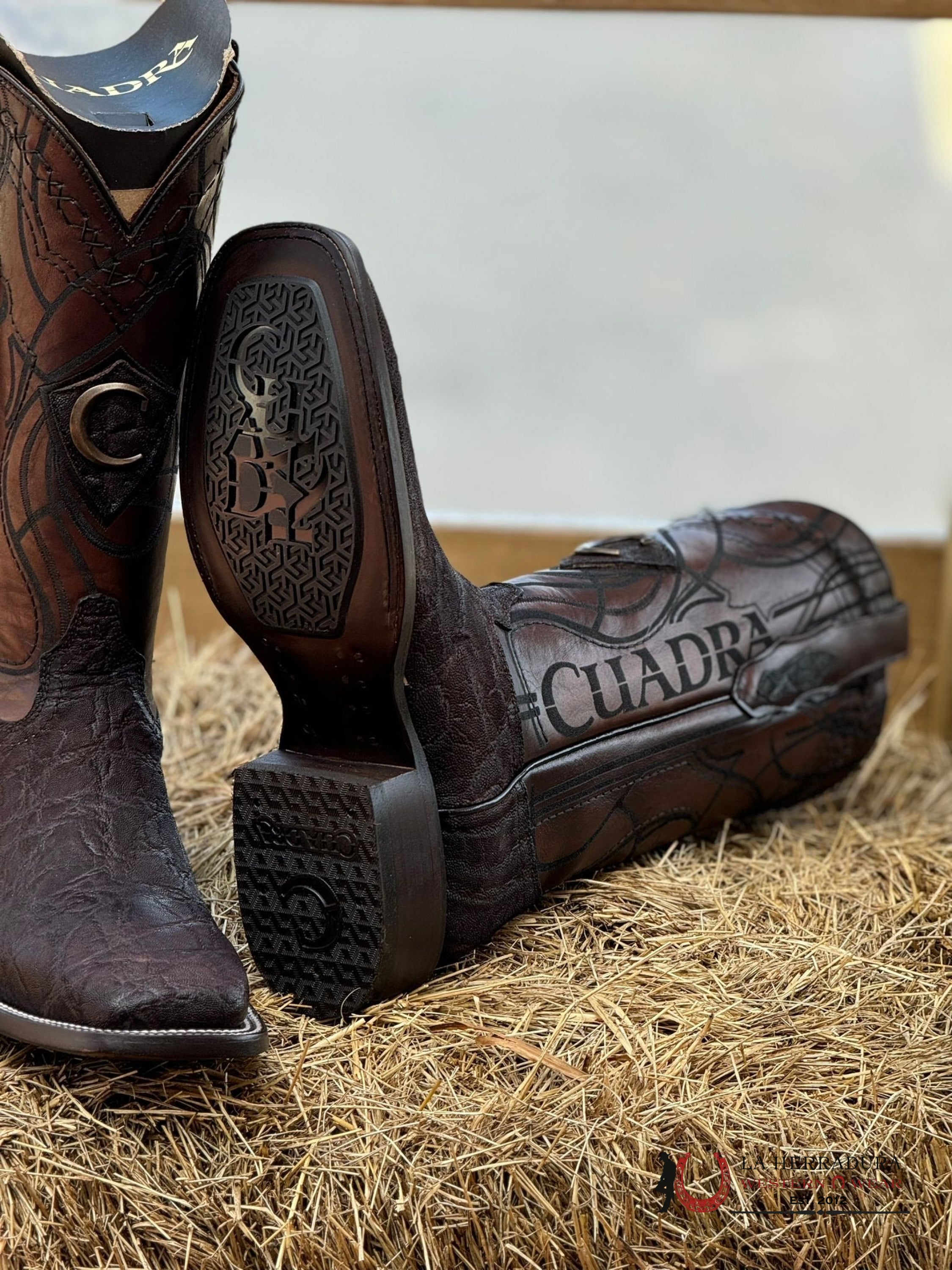 Cuadra Elefante Café Brown Láser & Embroidery Square Toe Boot Botas Hombres