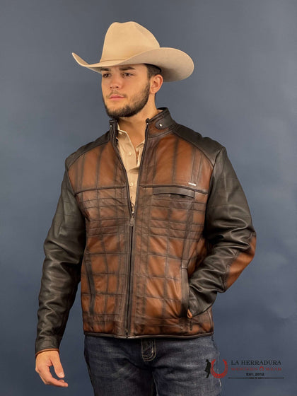 Chaqueta Cuadra de piel marrón con acabado sombreado a mano JC176