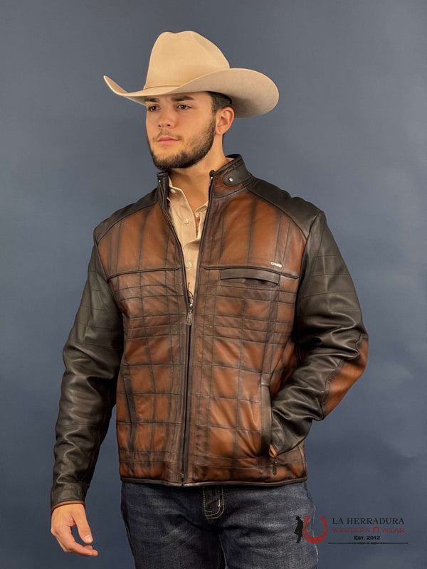 Chaqueta Cuadra de piel marrón con acabado sombreado a mano JC176