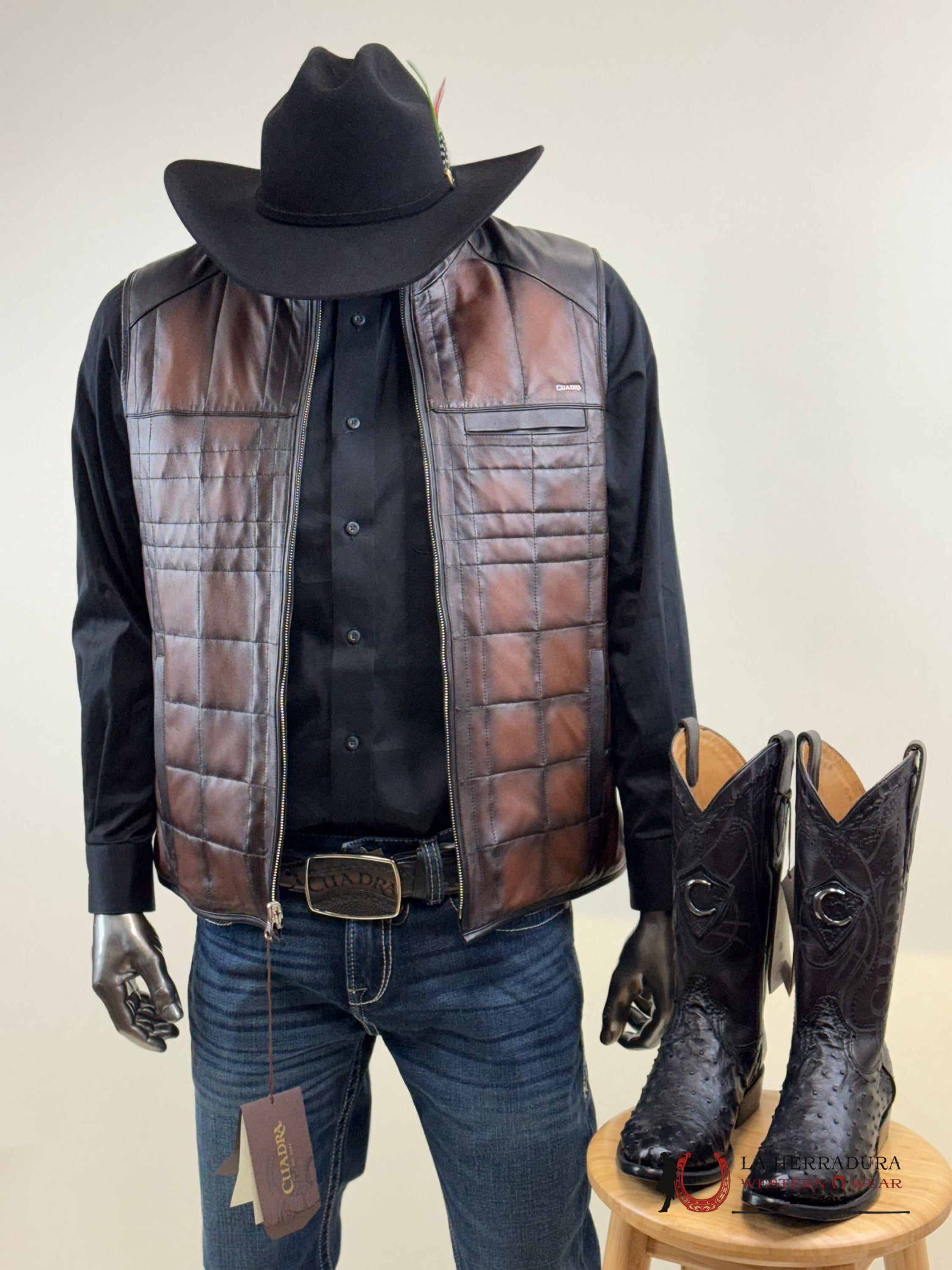 Cuadra Mens Embroidered Brown Leather Reversible Vest Ovine Ropa Hombres