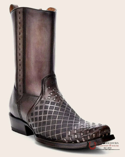 BOTA CORTA CUADRA DE PIEL DE RES SILLERO NEGRO SOBREPUESTO PUNTA CUADRADA ESTRECHA CU498
