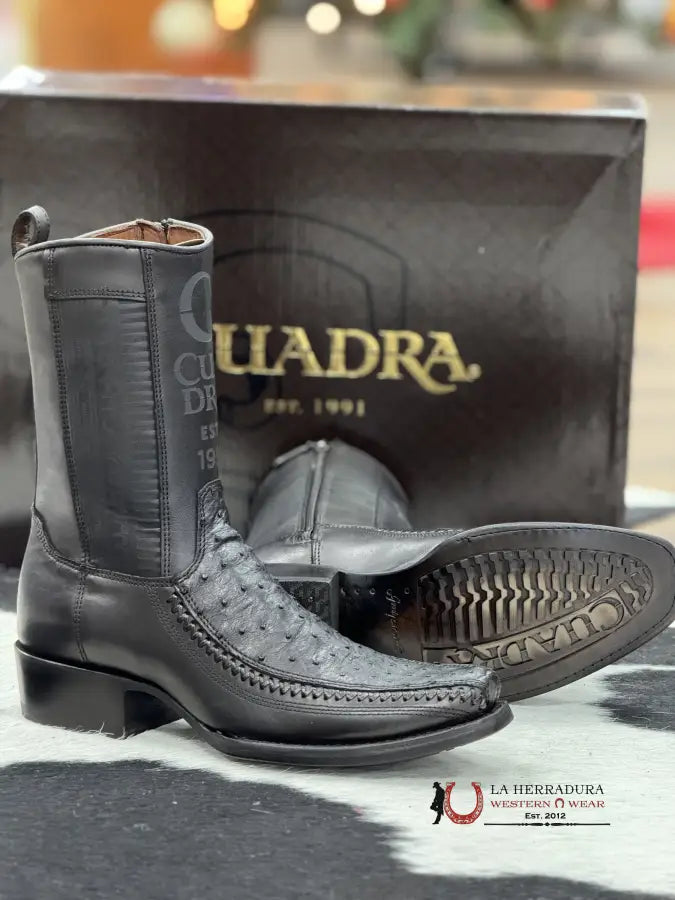 Cuadra Short Boot Ostrich Black Laser & Woven Narrow Square Toe- 1J2Ka1 Botas Hombres