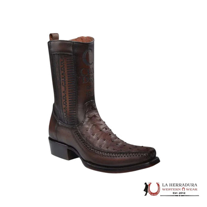 BOTA CORTA CUADRA CU803 AVESTRUZ CHOCOLATE LÁSER Y TEJIDO PUNTA CUADRADA ESTRECHA