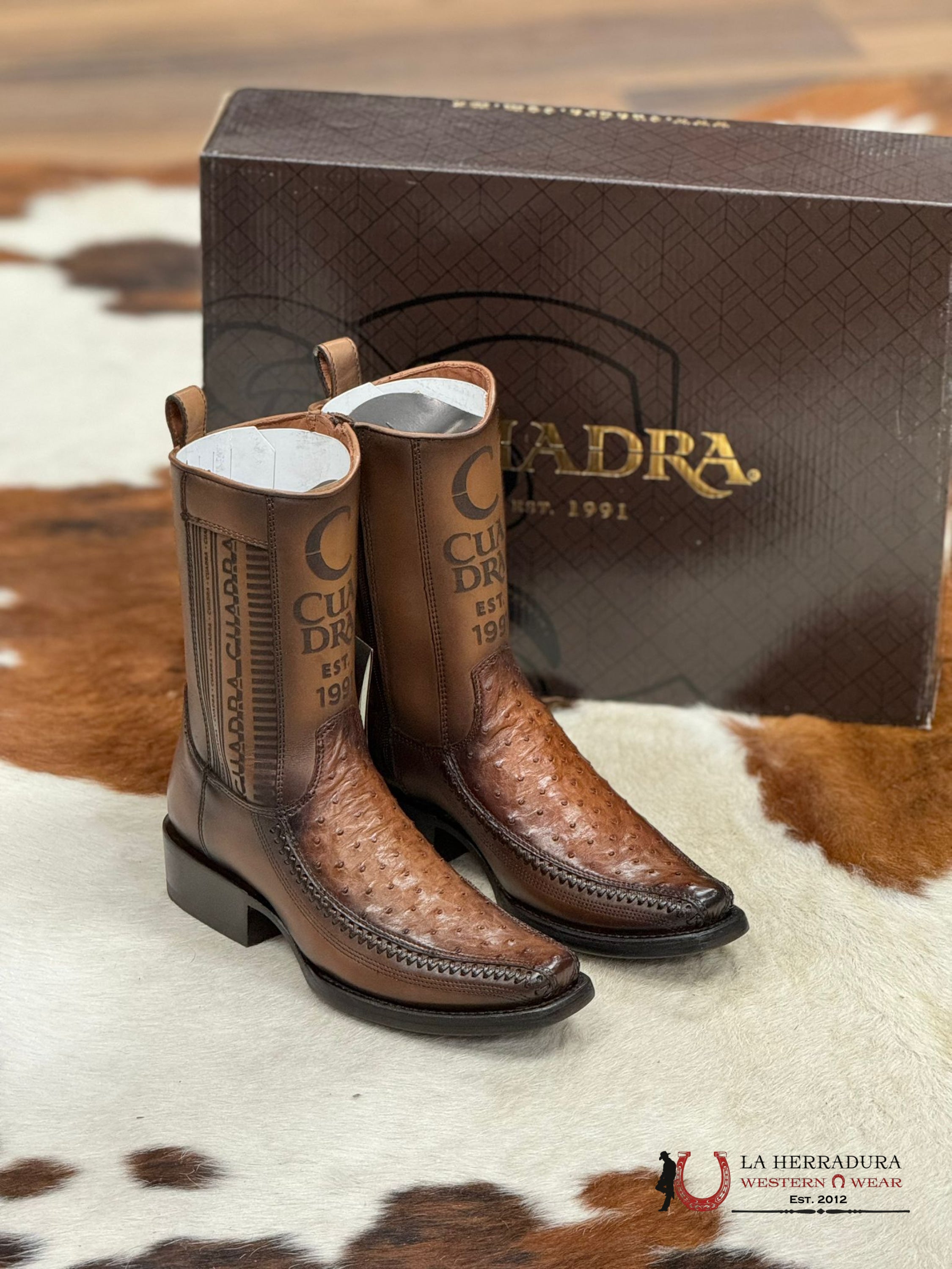 Cuadra Short Boot Ostritch Moroni Chestnut Laser & Woven Narrow Square Toe- 1J2Ka1 Botas Hombres