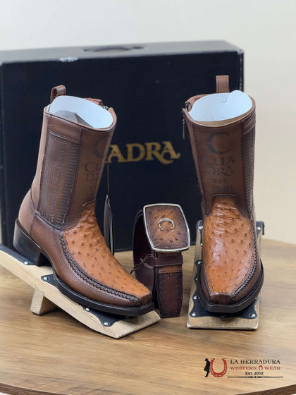 CUADRA BOTA CORTA AVESTRUZ MORONI CHESTNUT LÁSER Y TEJIDA PUNTA CUADRADA ESTRECHA- CU804