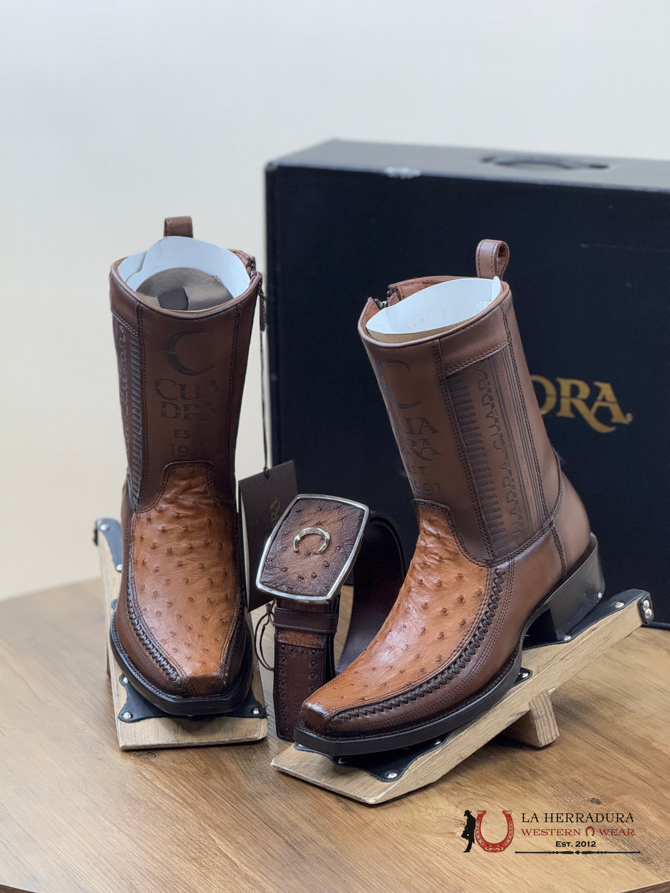 Cuadra Short Boot Ostritch Moroni Chestnut Laser & Woven Narrow Square Toe- 1J2Ka1 Botas Hombres