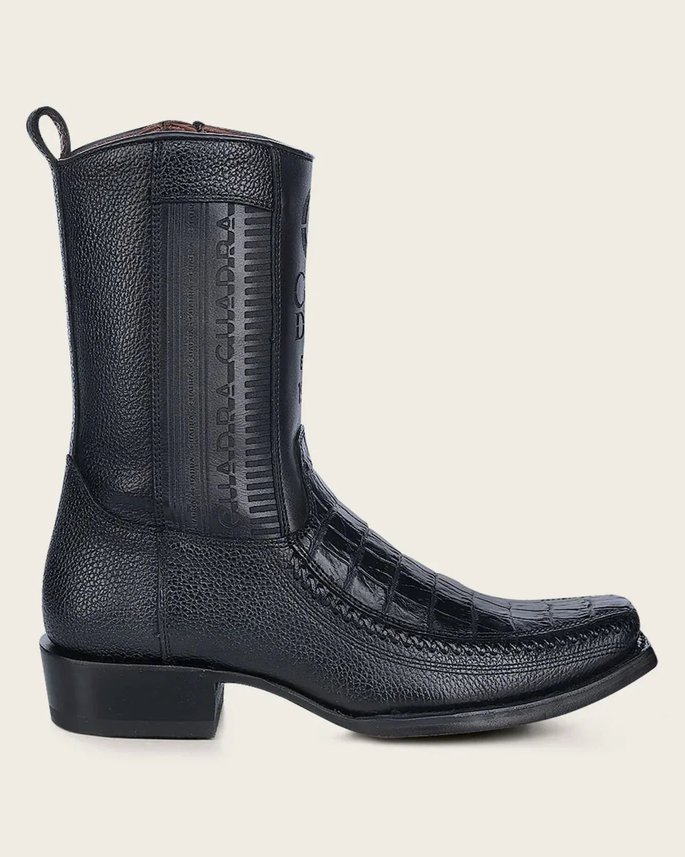 CUADRA SHORT BOOT PLUNGE BLACK COLA CAIMAN LASER & WOVEN NARROW SQUARE TOE - CU805 BOTAS HOMBRES