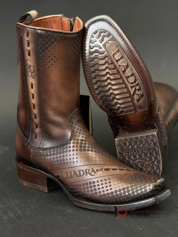 Cuadra Short Boot Res Crust Tornado Twister Brown Laser & Woven Zipper Narrow Square Toe Botas