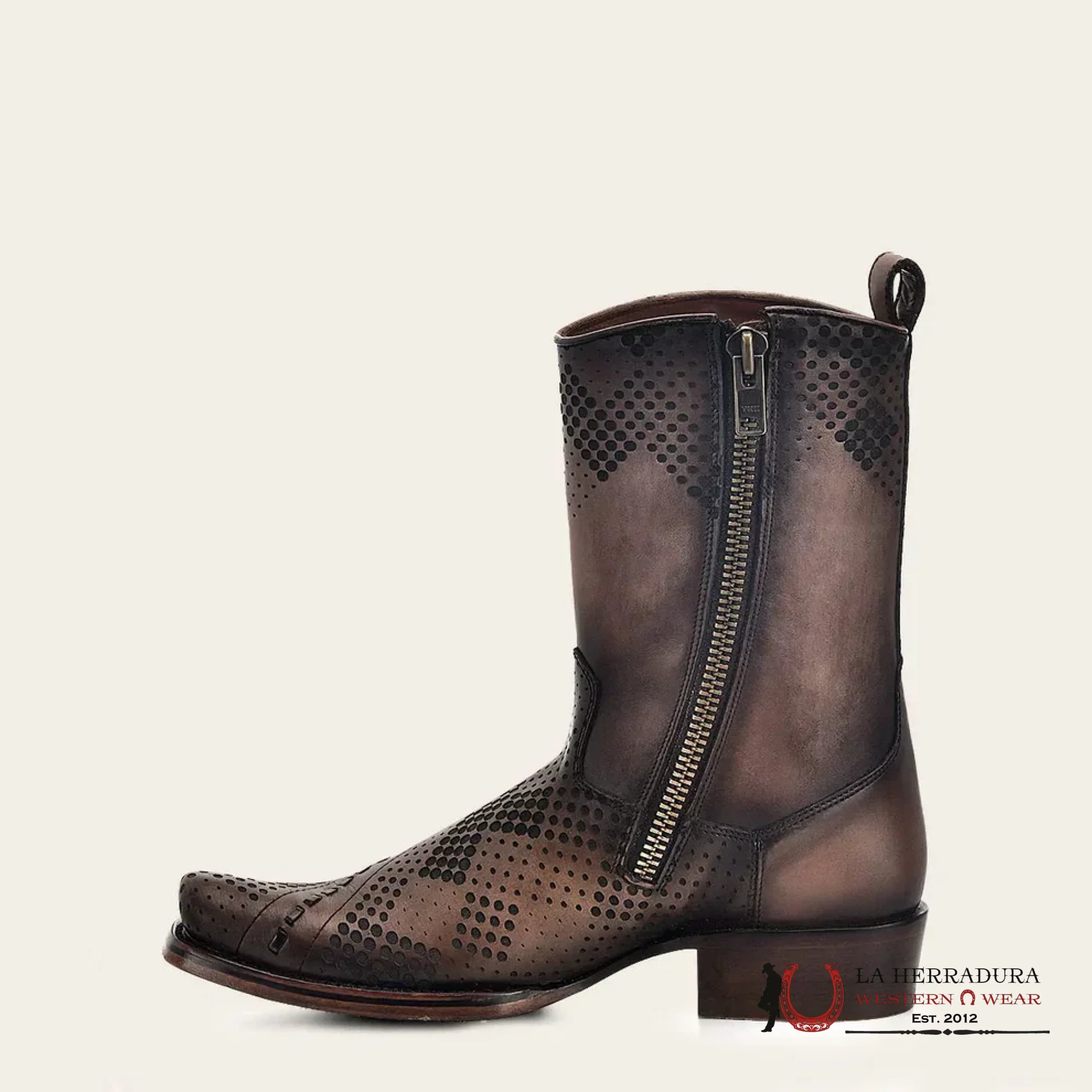 CUADRA SHORT BOOT RES CRUST TORNADO TWISTER BROWN LASER & WOVEN & ZIPPER NARROW SQUARE TOE CU737 BOTAS HOMBRES