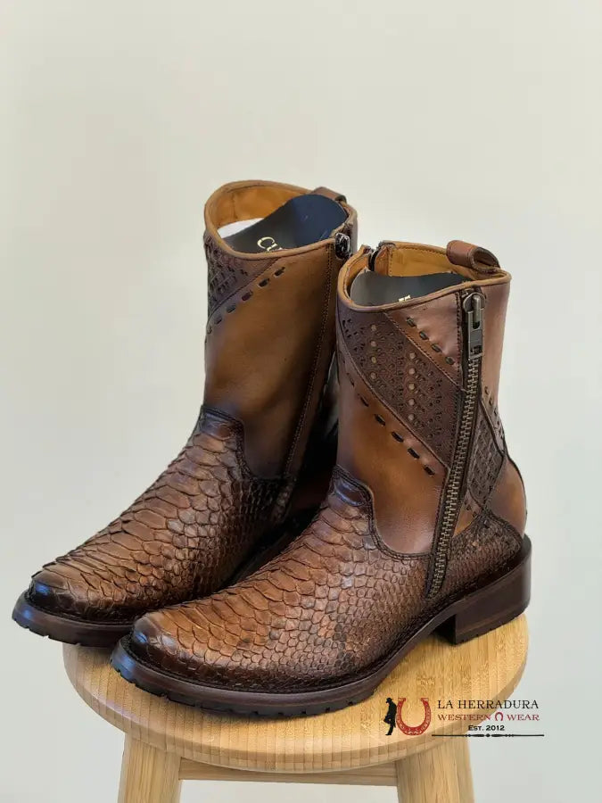 Cuadra Short Boots Python Brown Laser & Woven Round Toe Botas Hombres