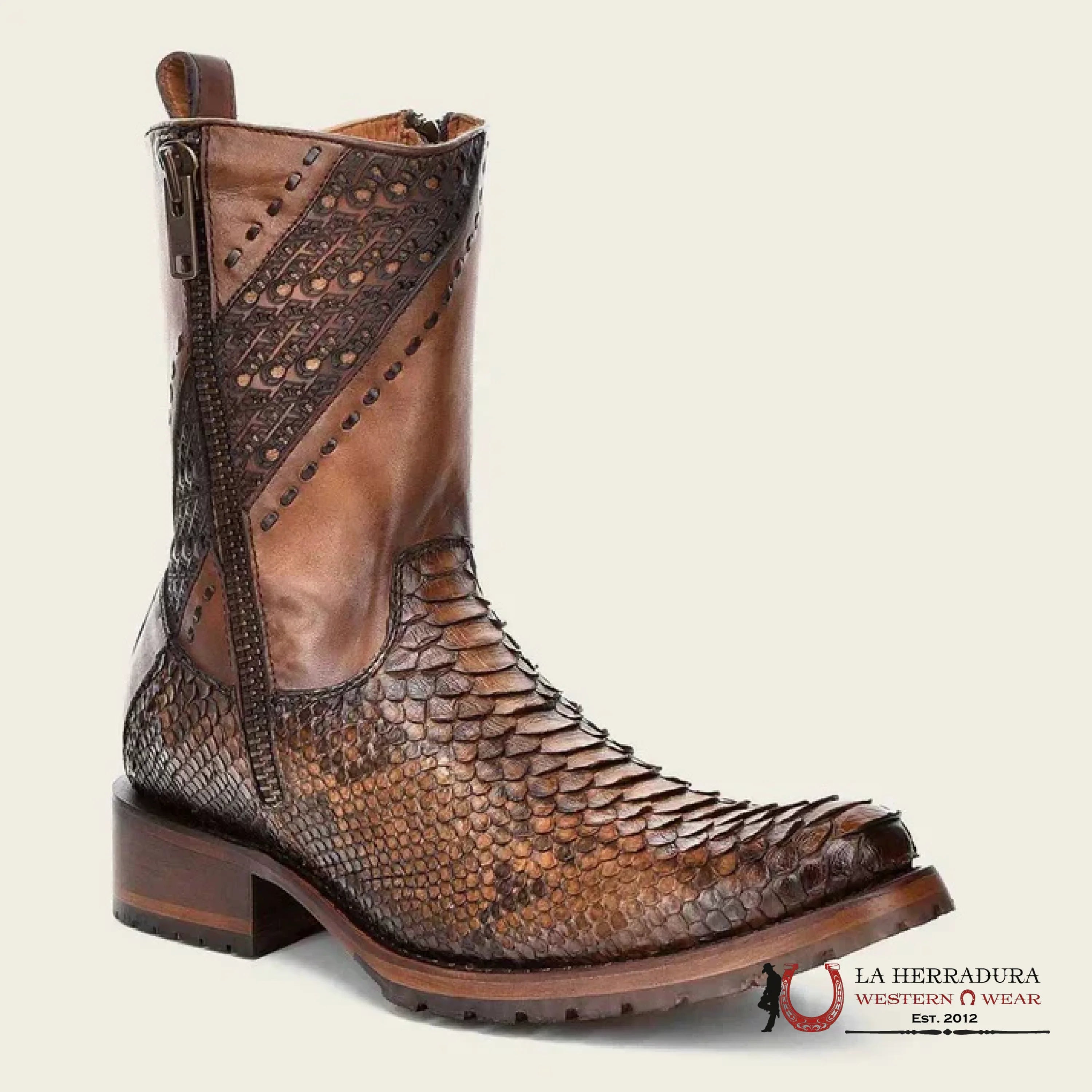 CUADRA SHORT BOOTS PYTHON BROWN LASER & WOVEN ROUND TOE CU425 BOTAS HOMBRES