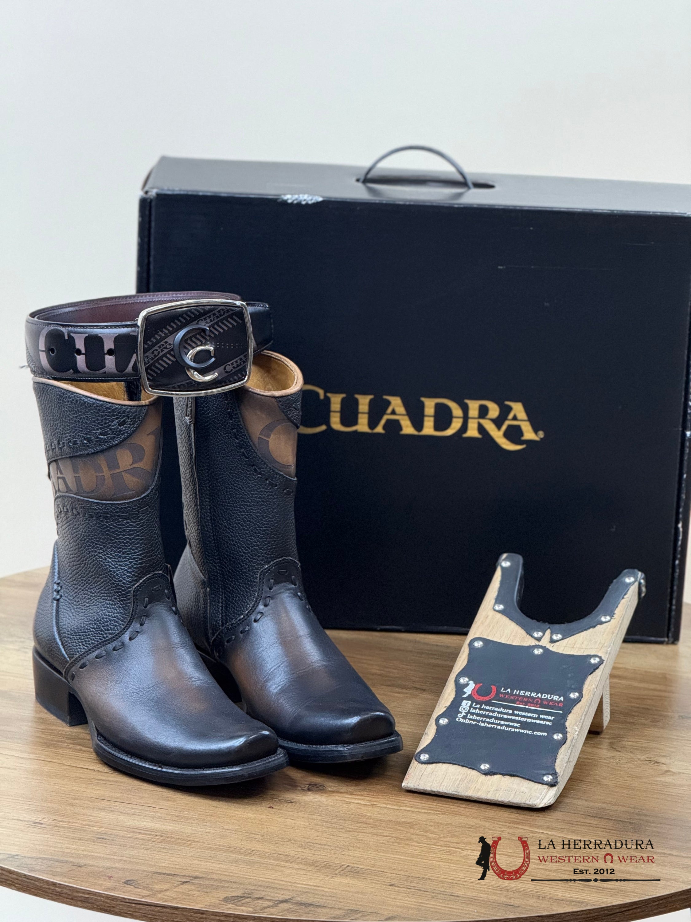 Cuadra Short Sillero Viene Negro Black Laser & Woven Narrow Square Toe Botas Hombres