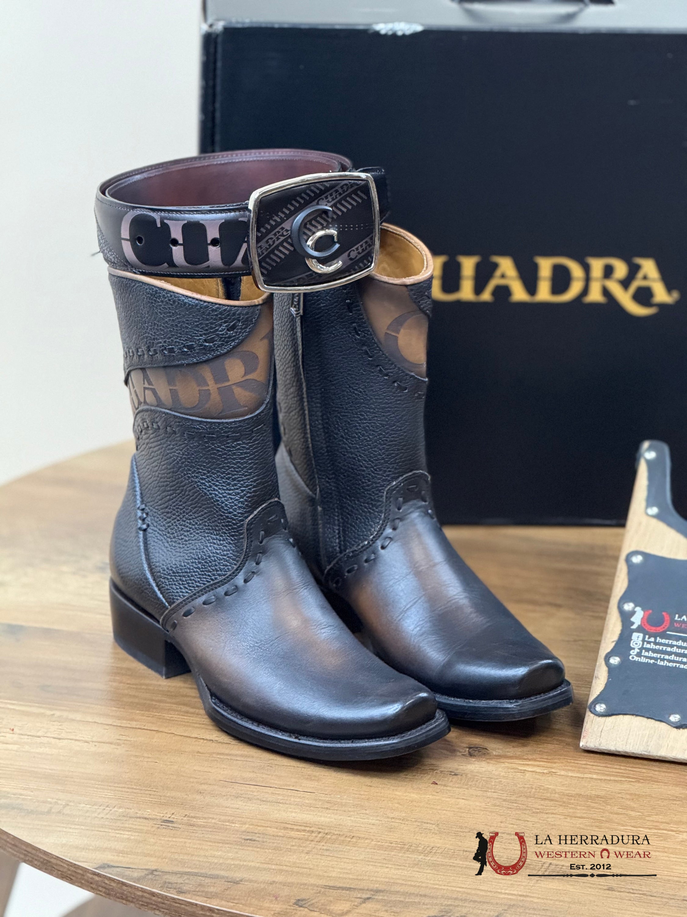 Cuadra Short Sillero Viene Negro Black Laser & Woven Narrow Square Toe Botas Hombres