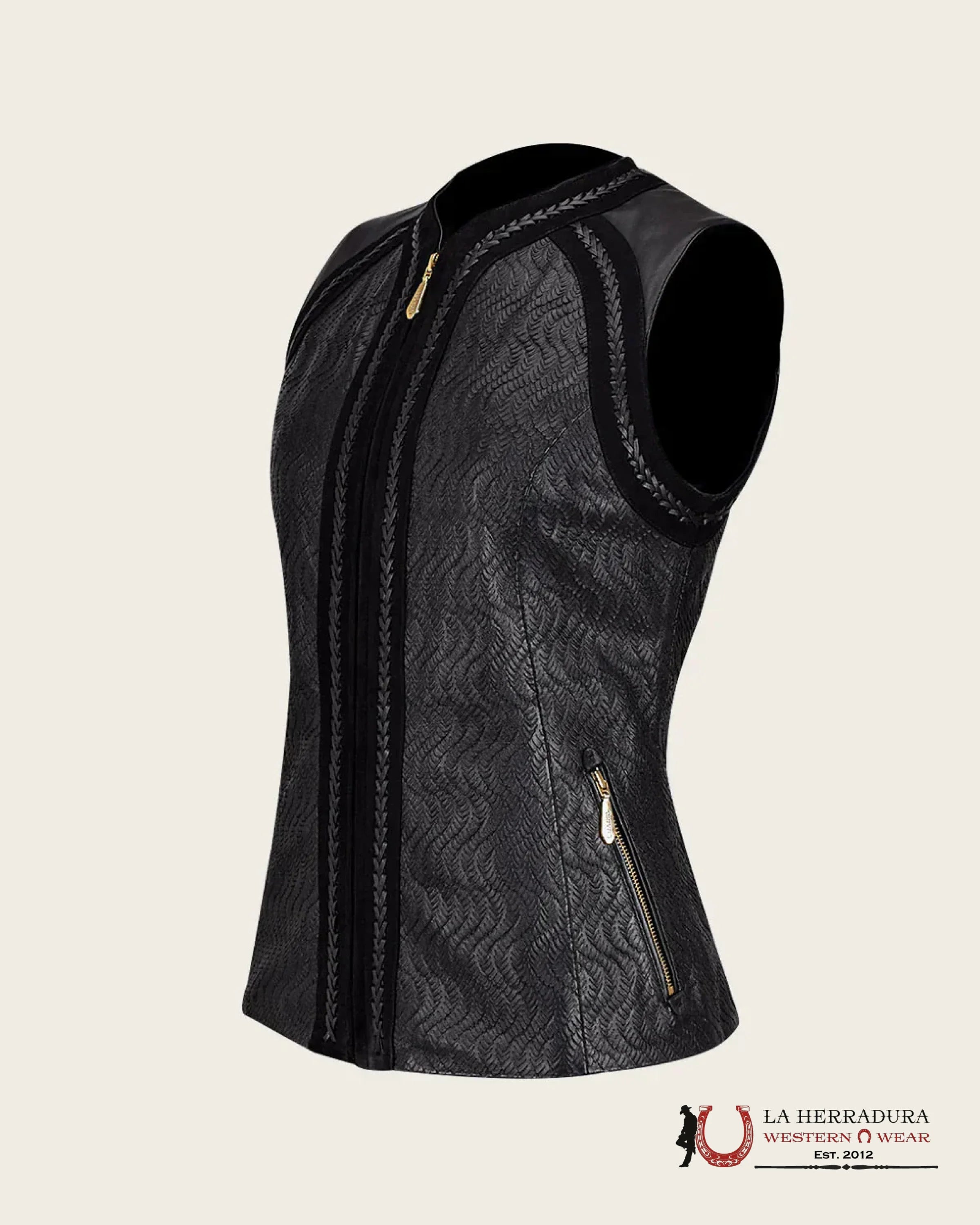 Cuadra Womens Checkered embroidered Black leather vest ROPA MUJERES