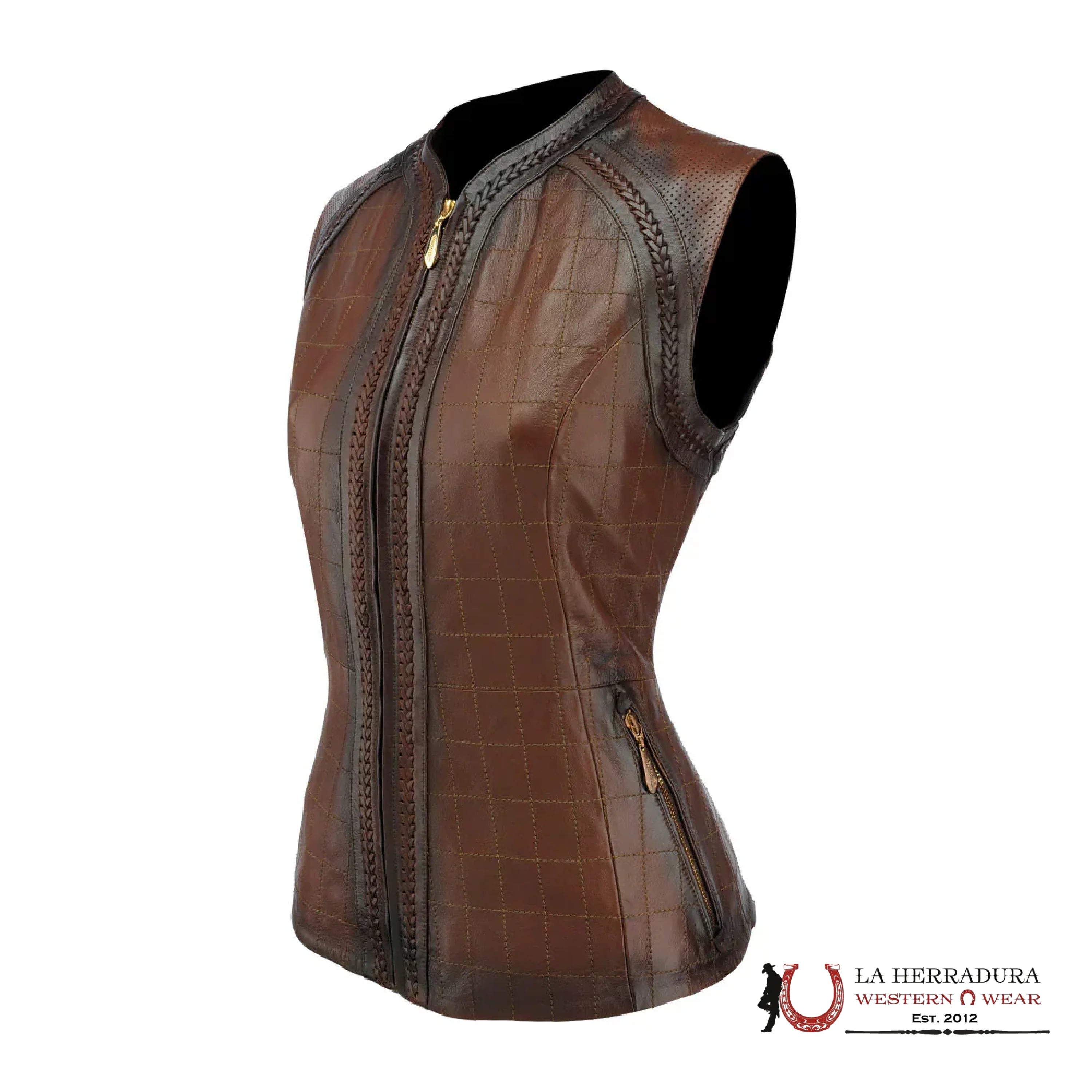 Cuadra Womens Checkered Embroidered Brown Leather Vest Ropa Mujeres