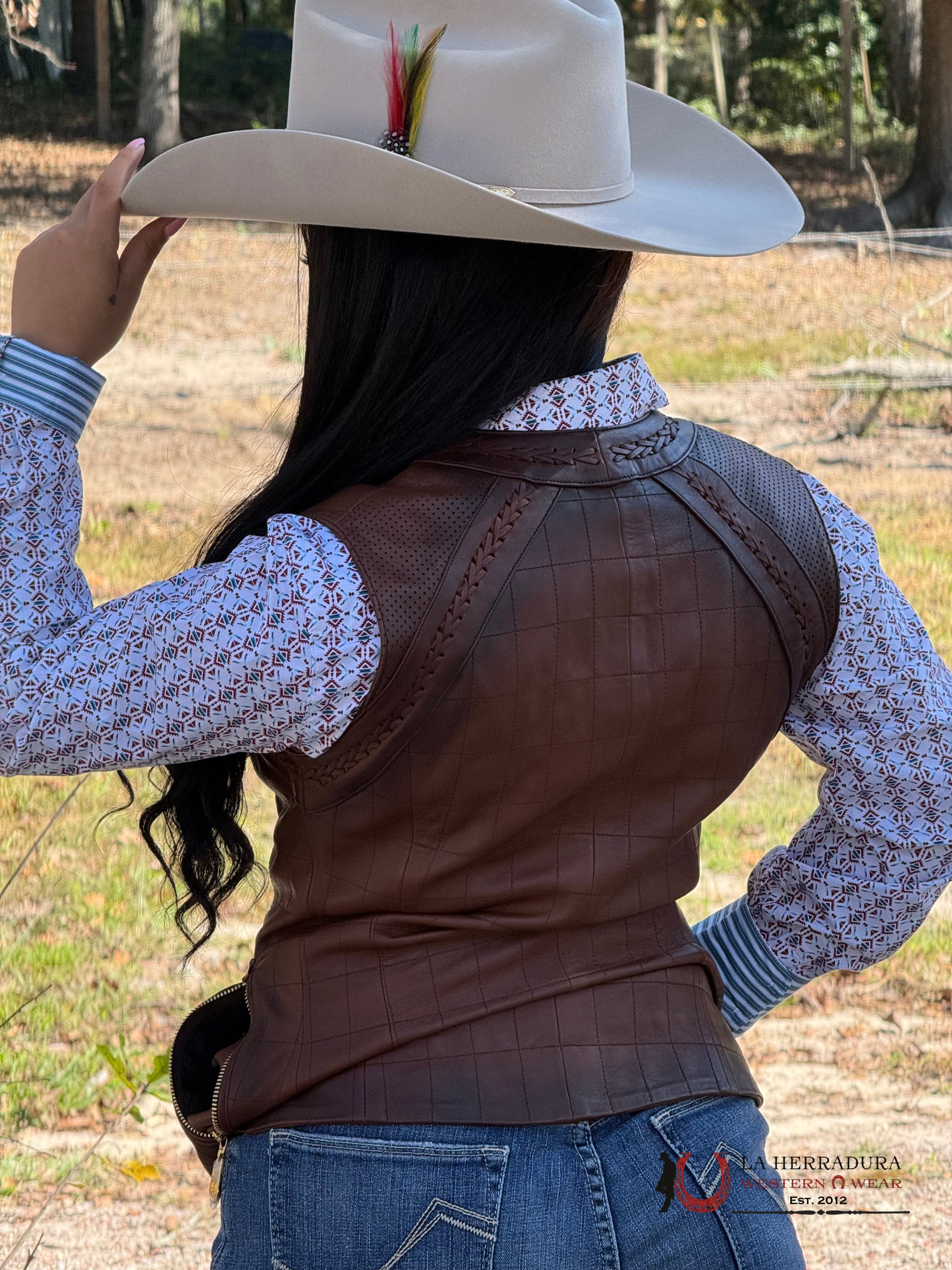 Cuadra Womens Checkered Embroidered Brown Leather Vest Ropa Mujeres