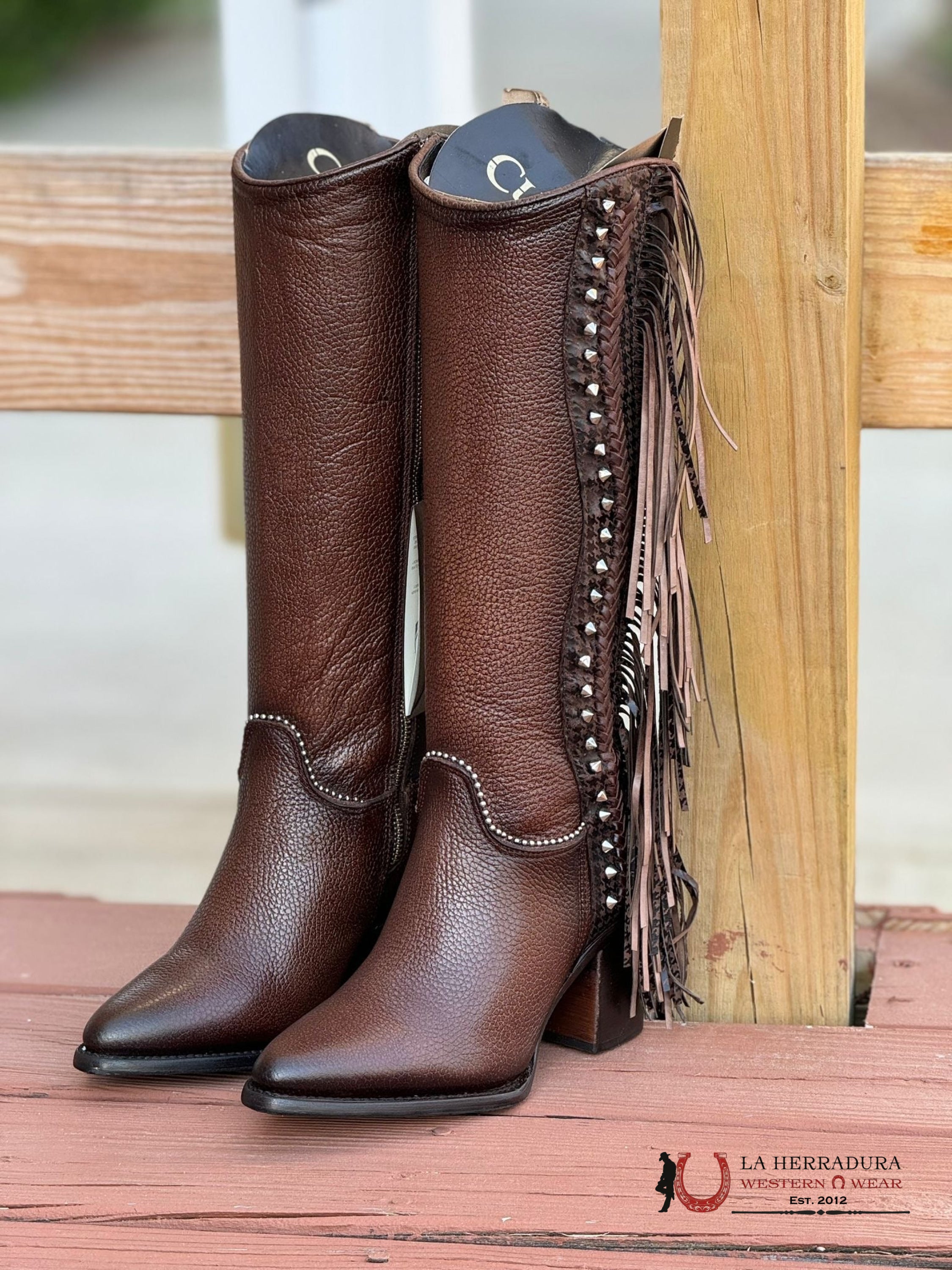 Cuadra Womens Res Angelia Brown Studs & Fringe Tall Boot Pointed Toe Botas Mujeres