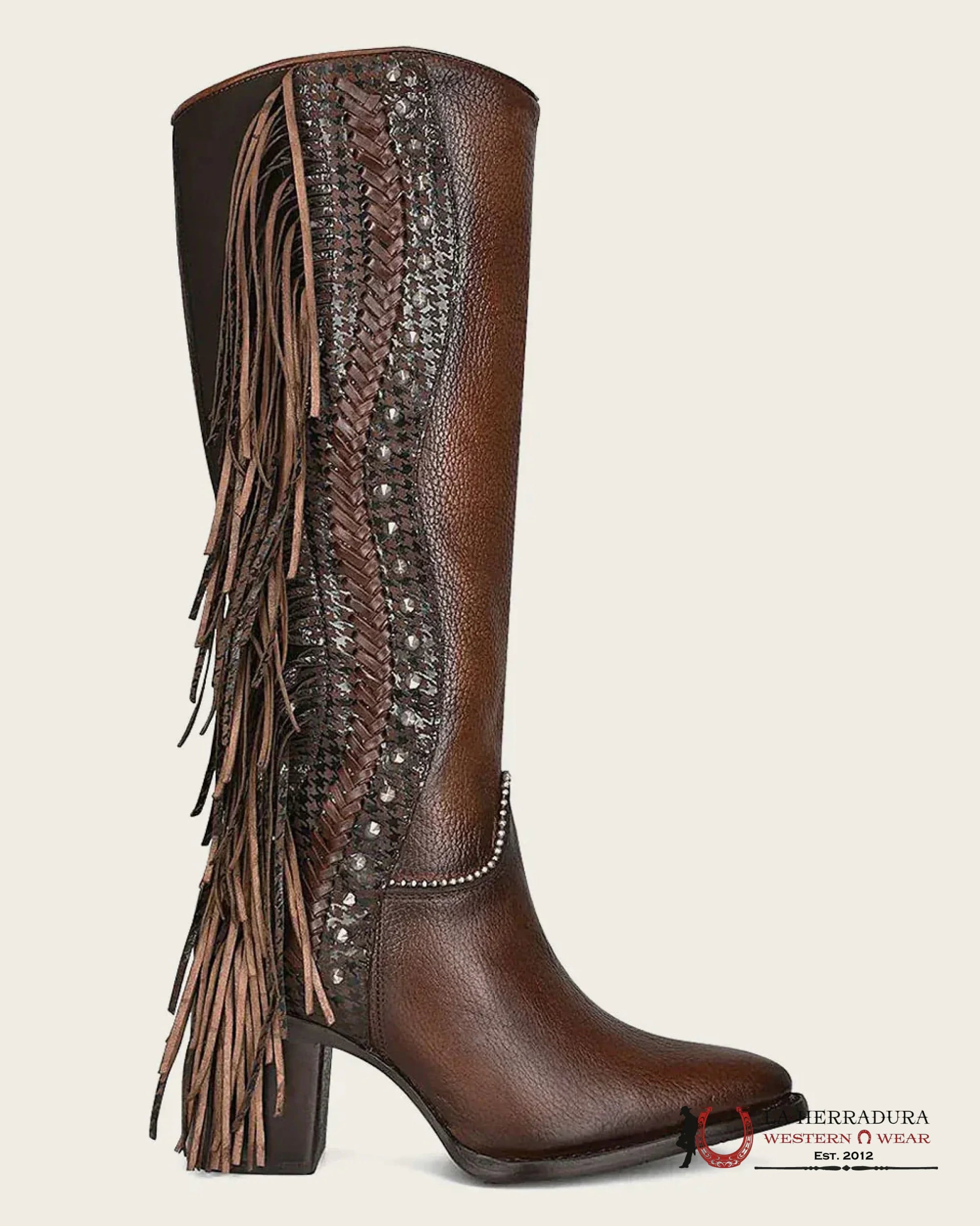 CUADRA WOMENS RES ARGELIA BROWN STUDS & FRINGE TALL BOOT POINTED TOE BOTAS MUJERES