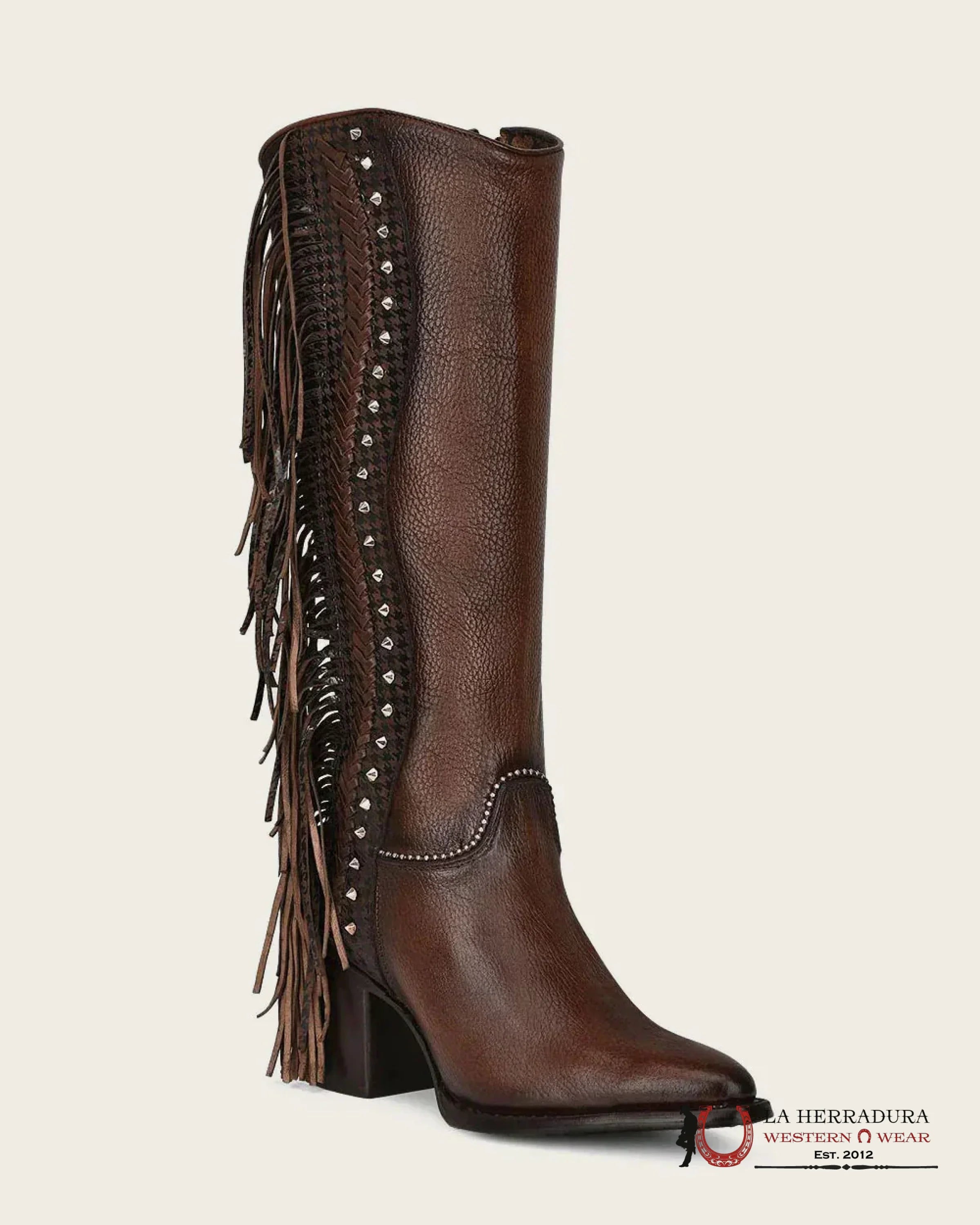 CUADRA WOMENS RES ARGELIA BROWN STUDS & FRINGE TALL BOOT POINTED TOE BOTAS MUJERES