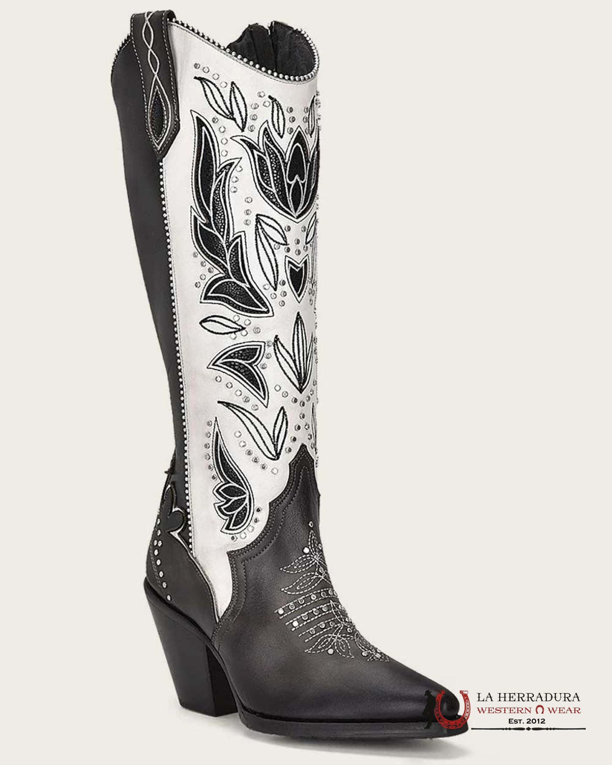 CUADRA WOMENS RES CRUST TOKIO GREY EMBROIDERY & CUT OUT STUDS SNIP TOE TALL BOOT BOTAS MUJERES