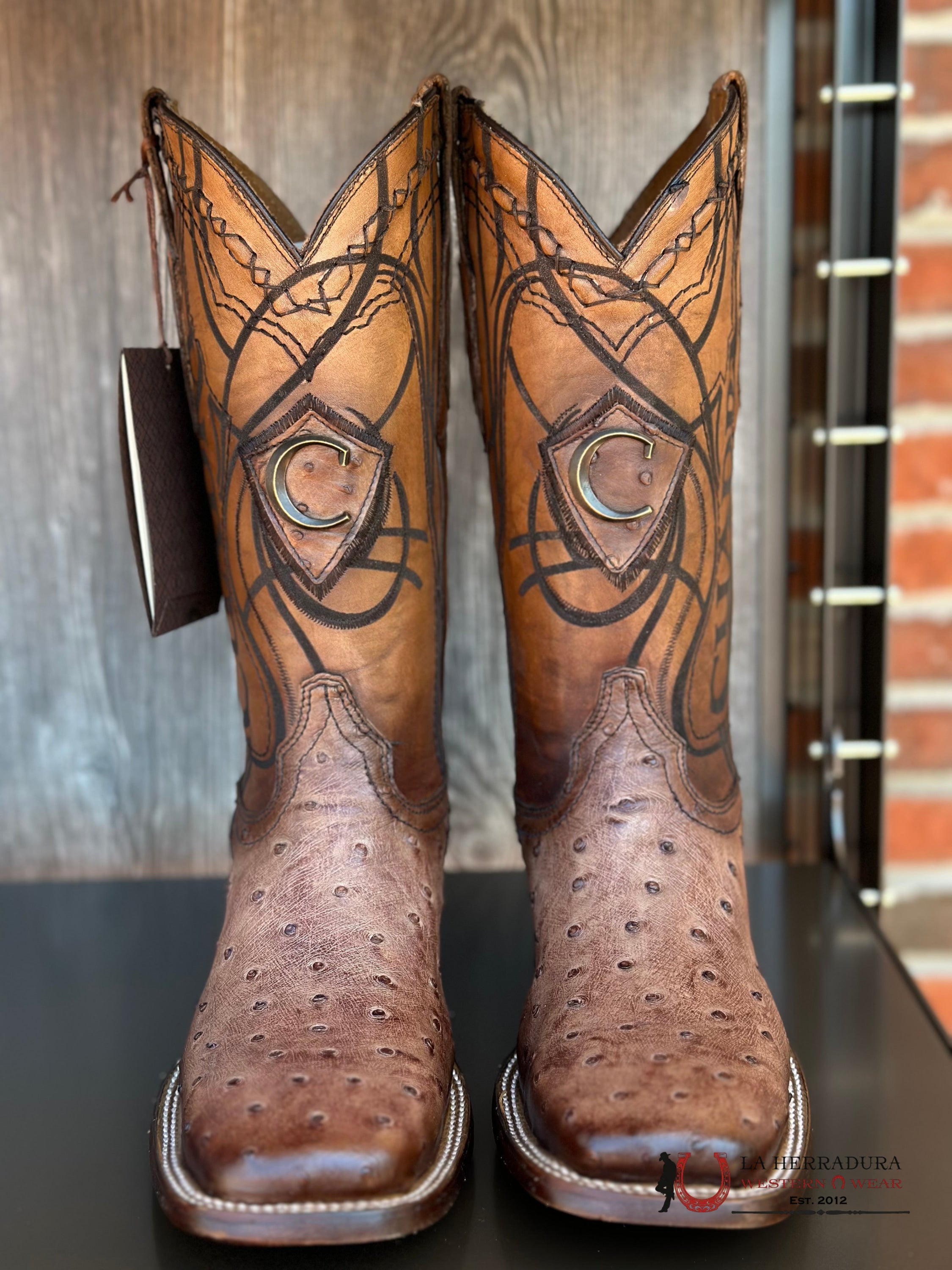 Cudra Ostrich Lugano Brown Embroidery Laser Woven Square Toe Boot Botas Hombres