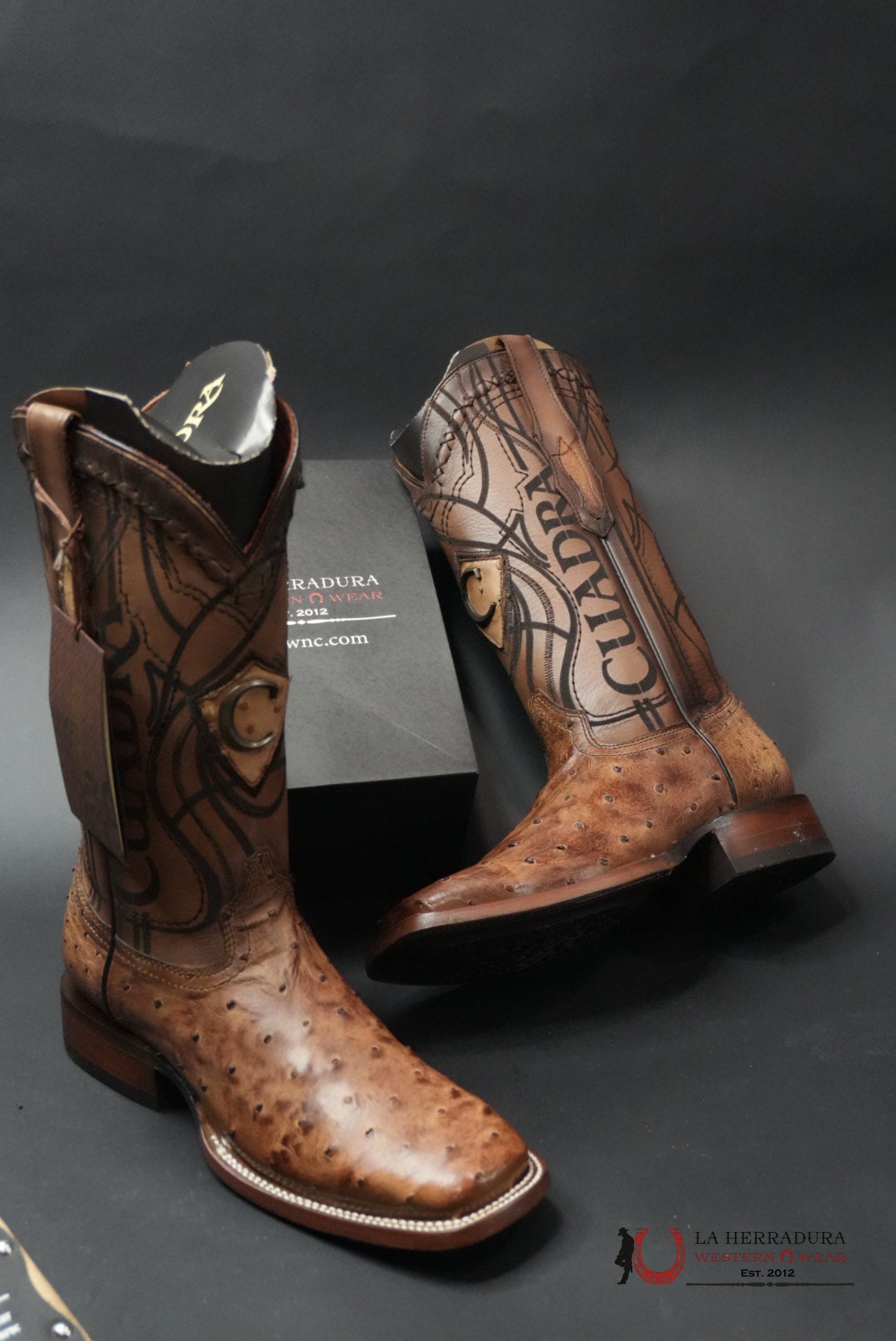 CUDRA OSTRICH LUGANO BROWN EMBROIDERY LASER WOVEN SQUARE TOE BOOT BOTAS HOMBRES