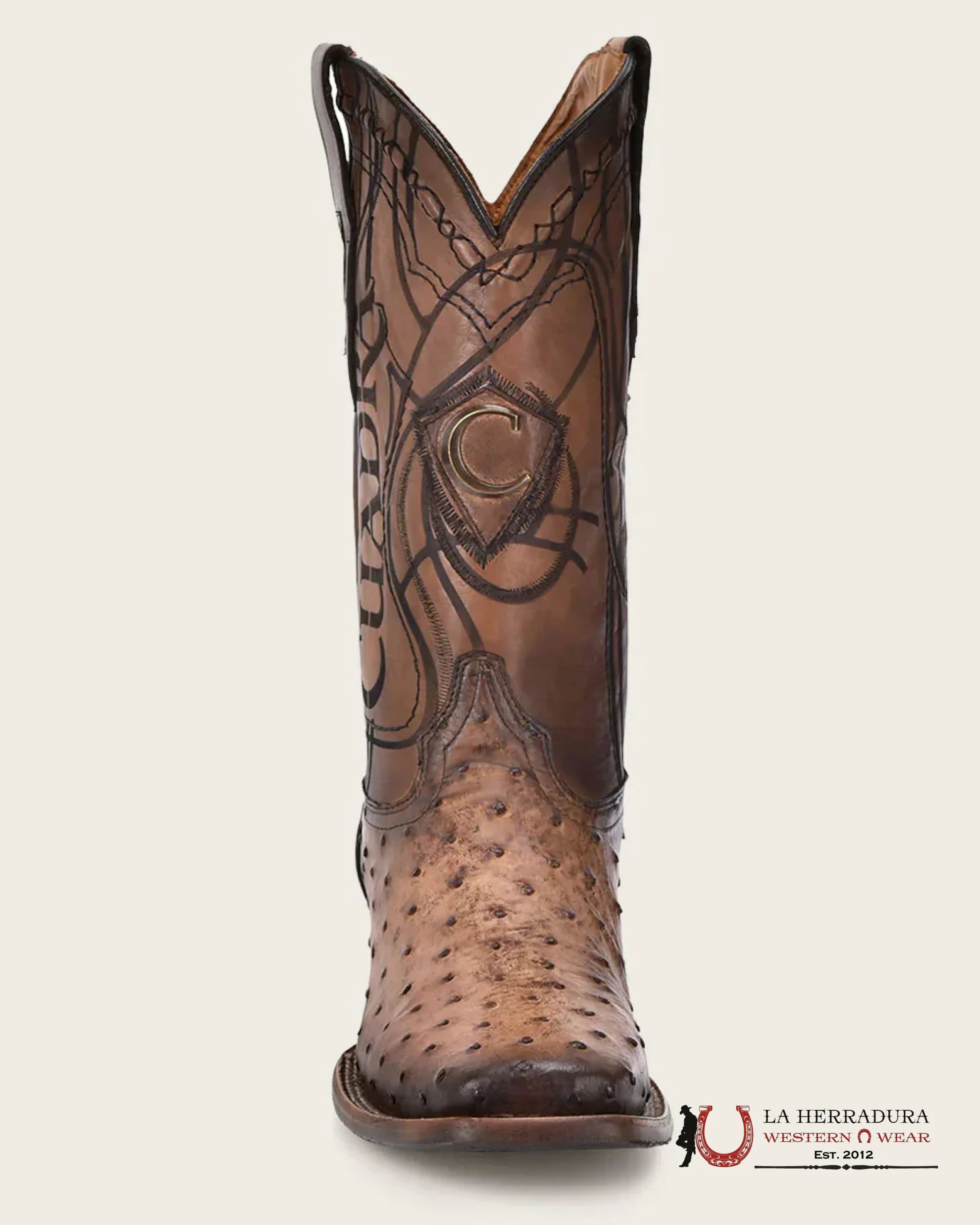 CUDRA OSTRICH LUGANO BROWN EMBROIDERY LASER WOVEN SQUARE TOE BOOT BOTAS HOMBRES