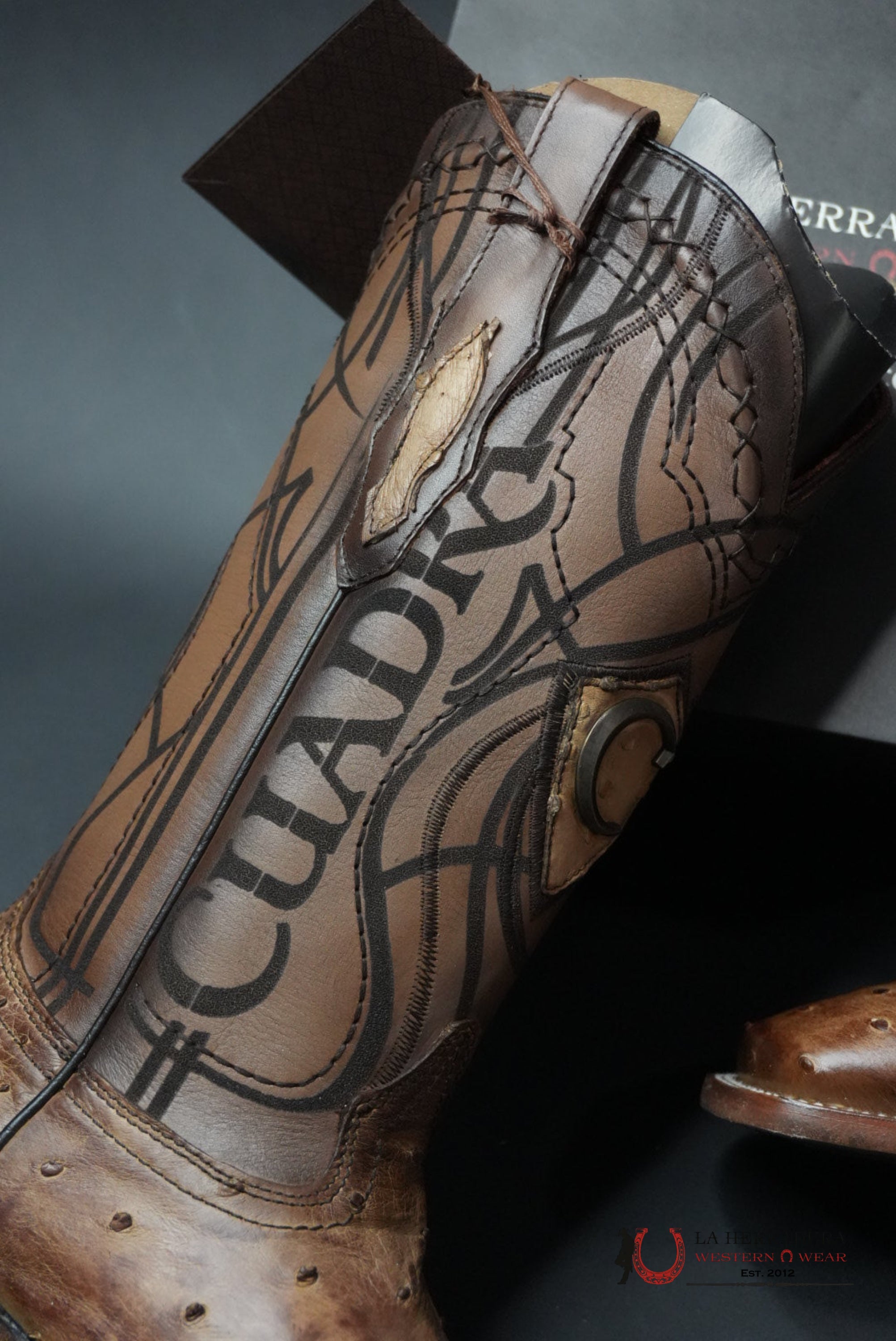 CUDRA OSTRICH LUGANO BROWN EMBROIDERY LASER WOVEN SQUARE TOE BOOT BOTAS HOMBRES