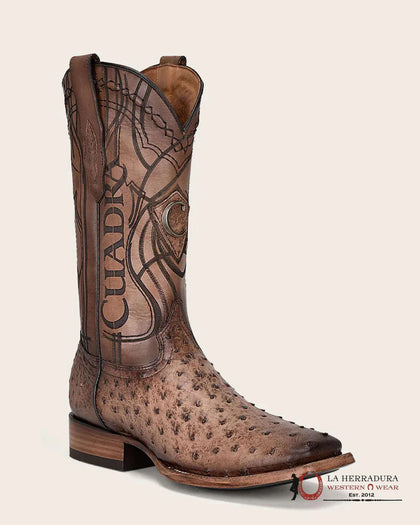 BOTA CUADRADA DE AVESTRUZ LUGANO MARRÓN CON BORDADO LÁSER TEJIDO CUDRA CU744