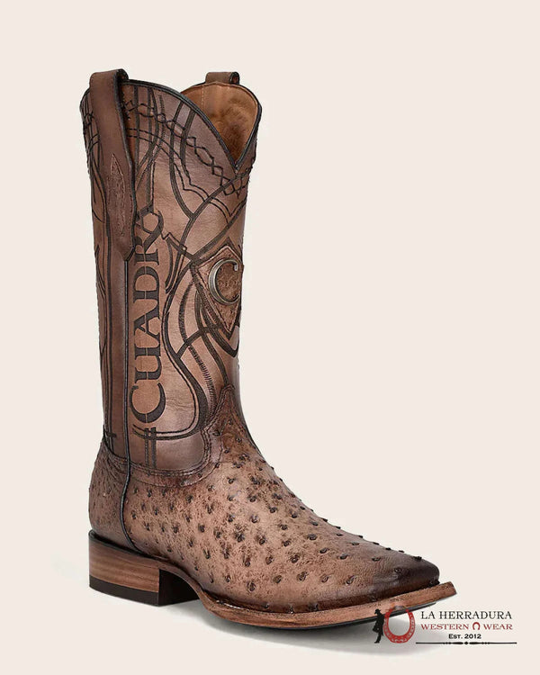 BOTA CUADRADA DE AVESTRUZ LUGANO MARRÓN CON BORDADO LÁSER TEJIDO CUDRA CU744