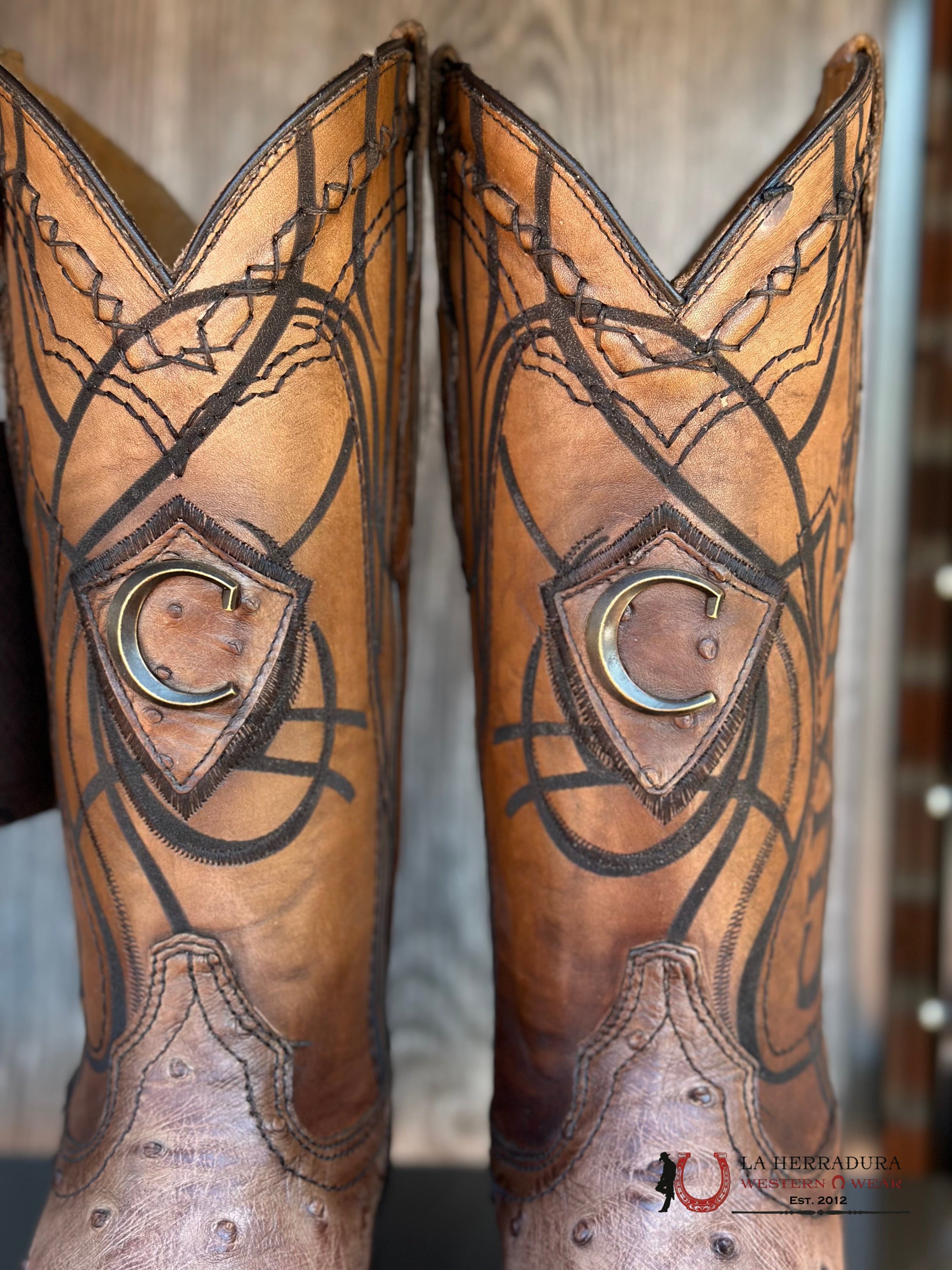 Cudra Ostrich Lugano Brown Embroidery Laser Woven Square Toe Boot Botas Hombres