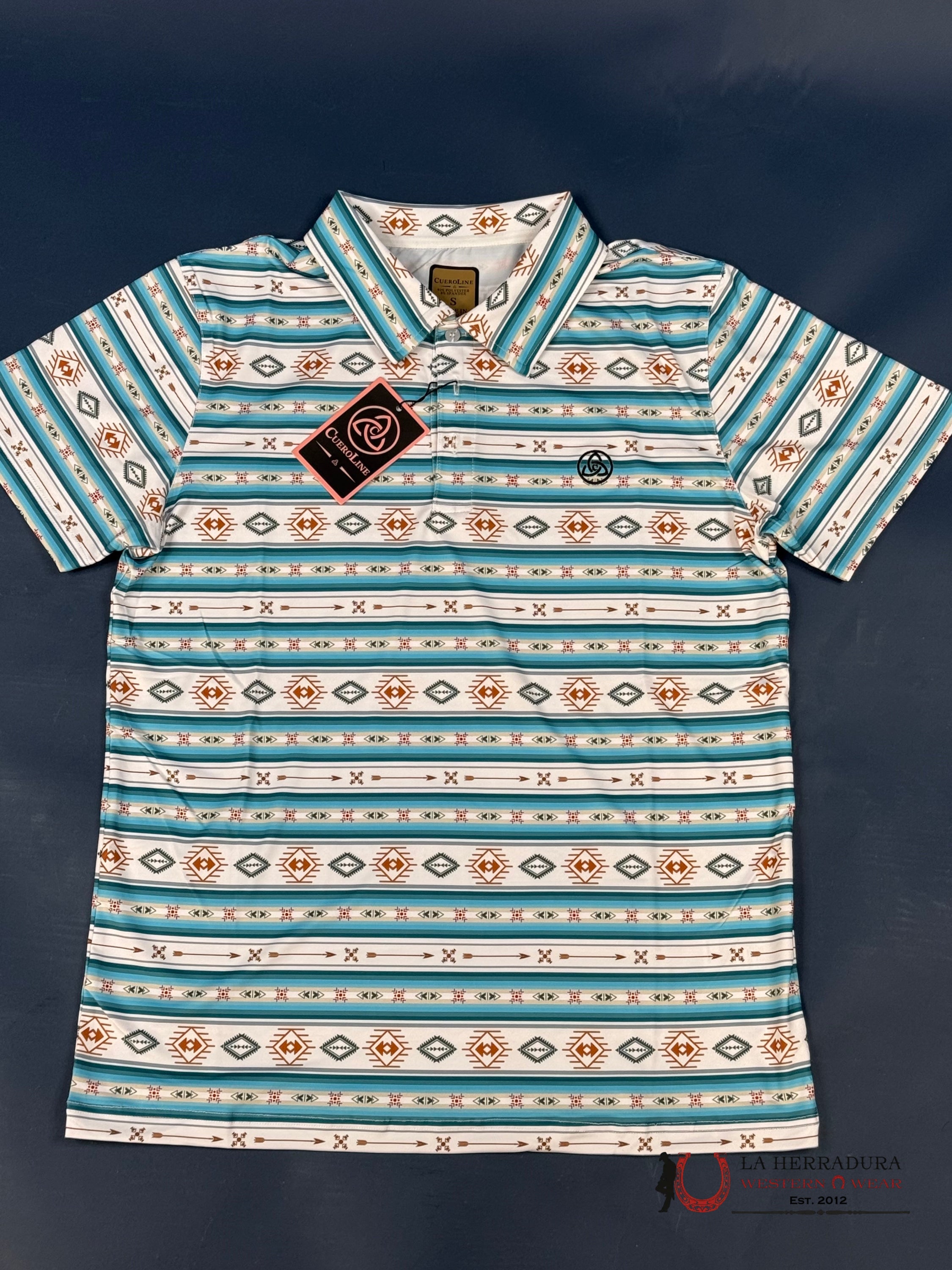 Cuero Line Men’s Blue And White Striped Aztec Polo Ropa Hombres