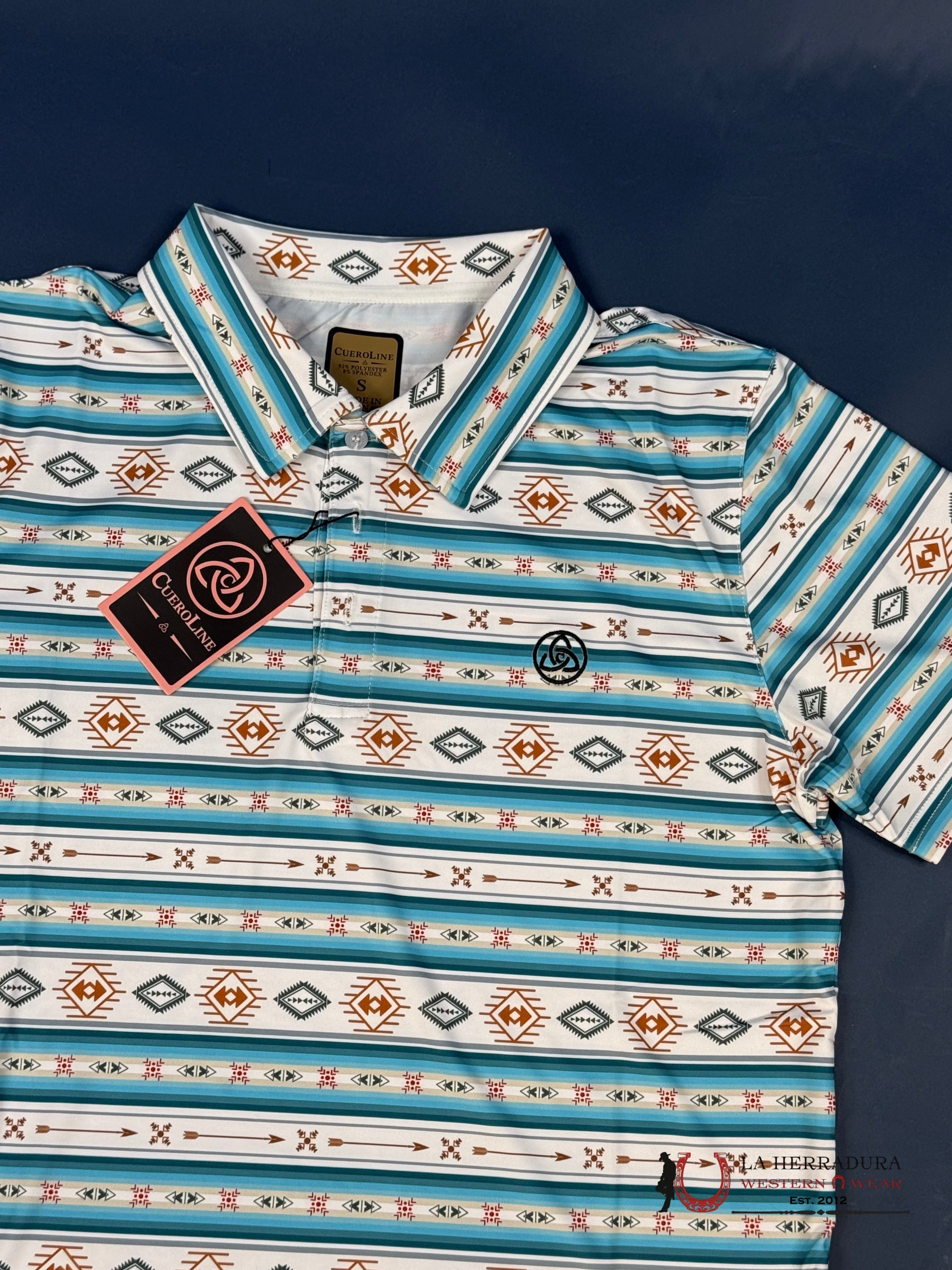 Cuero Line Men’s Blue And White Striped Aztec Polo Ropa Hombres