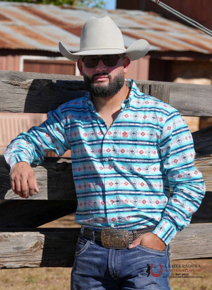 CUERO LINE MEN’S BLUE LONG SLEEVE STRIPED AZTEC PRINT SKCL2023102