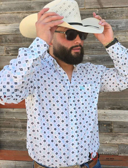 CUERO LINE MEN’S WHITE/BLUE LONG SLEEVE STRIPED AZTEC PRINT