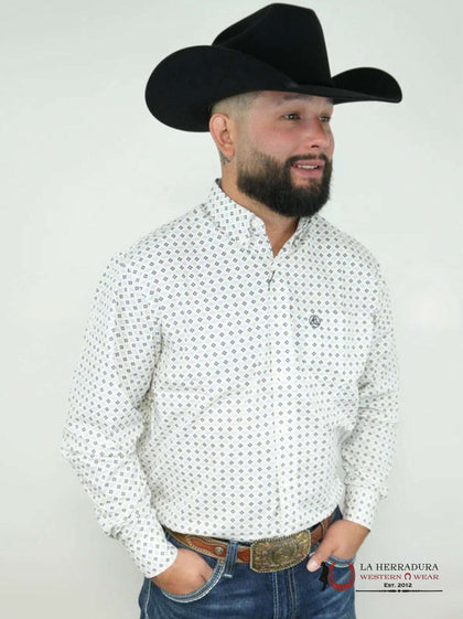 CUERO LINE MEN’S WHITE/NAVY  LONG SLEEVE STRIPED  PRINT